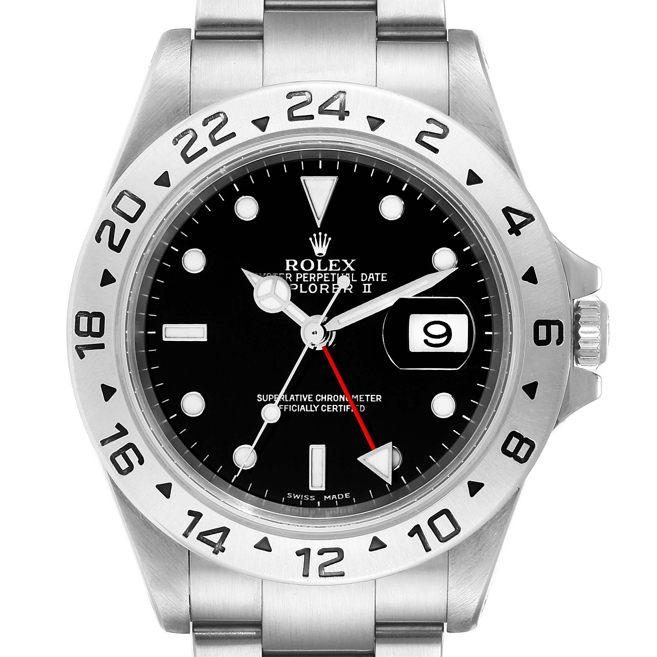 This image shows a front view of the Rolex Explorer 16570 Men
s Stainless Steel Black Dial 16570 Men
s Stainless Steel Black Dial watch, highlighting its black dial, date window, and silver bezel with 24-hour markers.