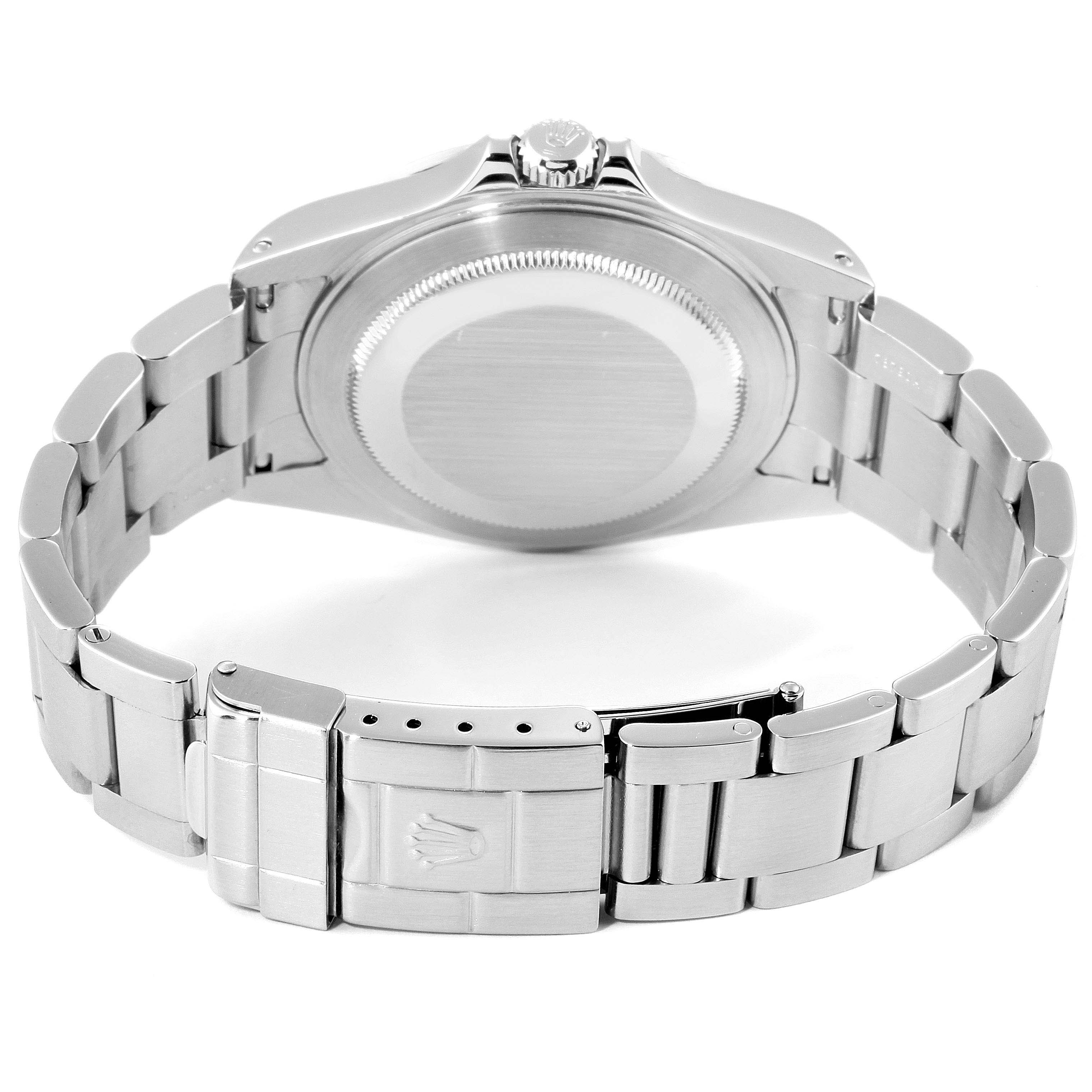 The image shows the back view of a Rolex Explorer 16570 Men
s Stainless Steel Black Dial 16570 Men
s Stainless Steel Black Dial watch, highlighting its case back, bracelet, and clasp.