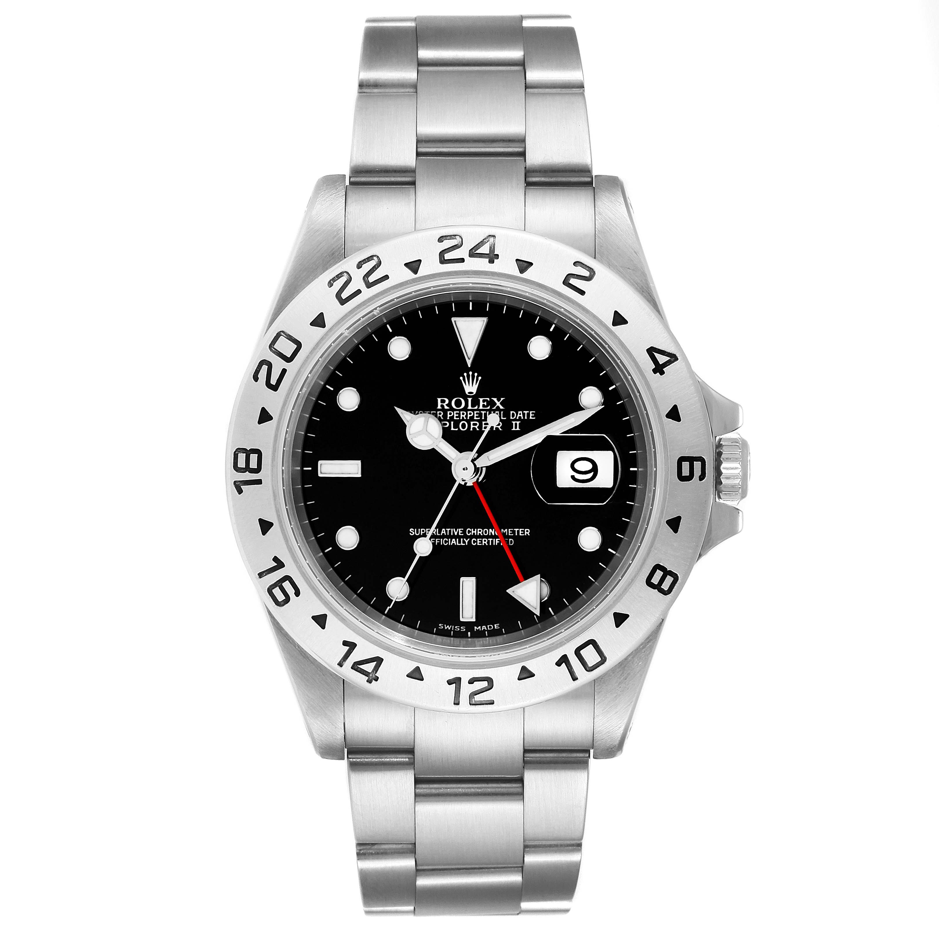 This Rolex Explorer 16570 Men
s Stainless Steel Black Dial 16570 Men
s Stainless Steel Black Dial watch is shown from a front angle, displaying the face, bezel, bracelet, and date window.