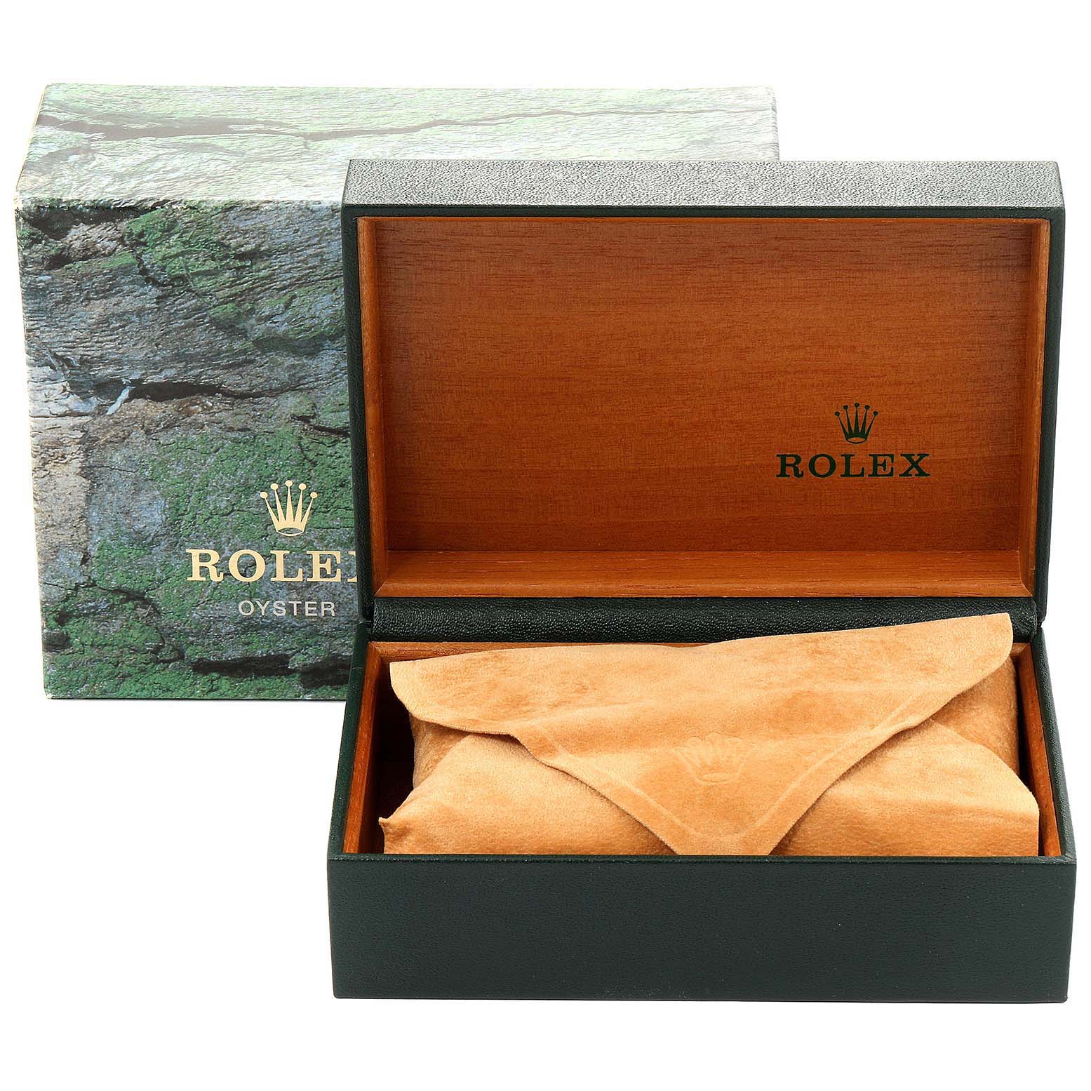 The image shows a Rolex Explorer 16570 Men
s Stainless Steel Black Dial 16570 Men
s Stainless Steel Black Dial watch box and case, with an open box and a suede pouch inside.