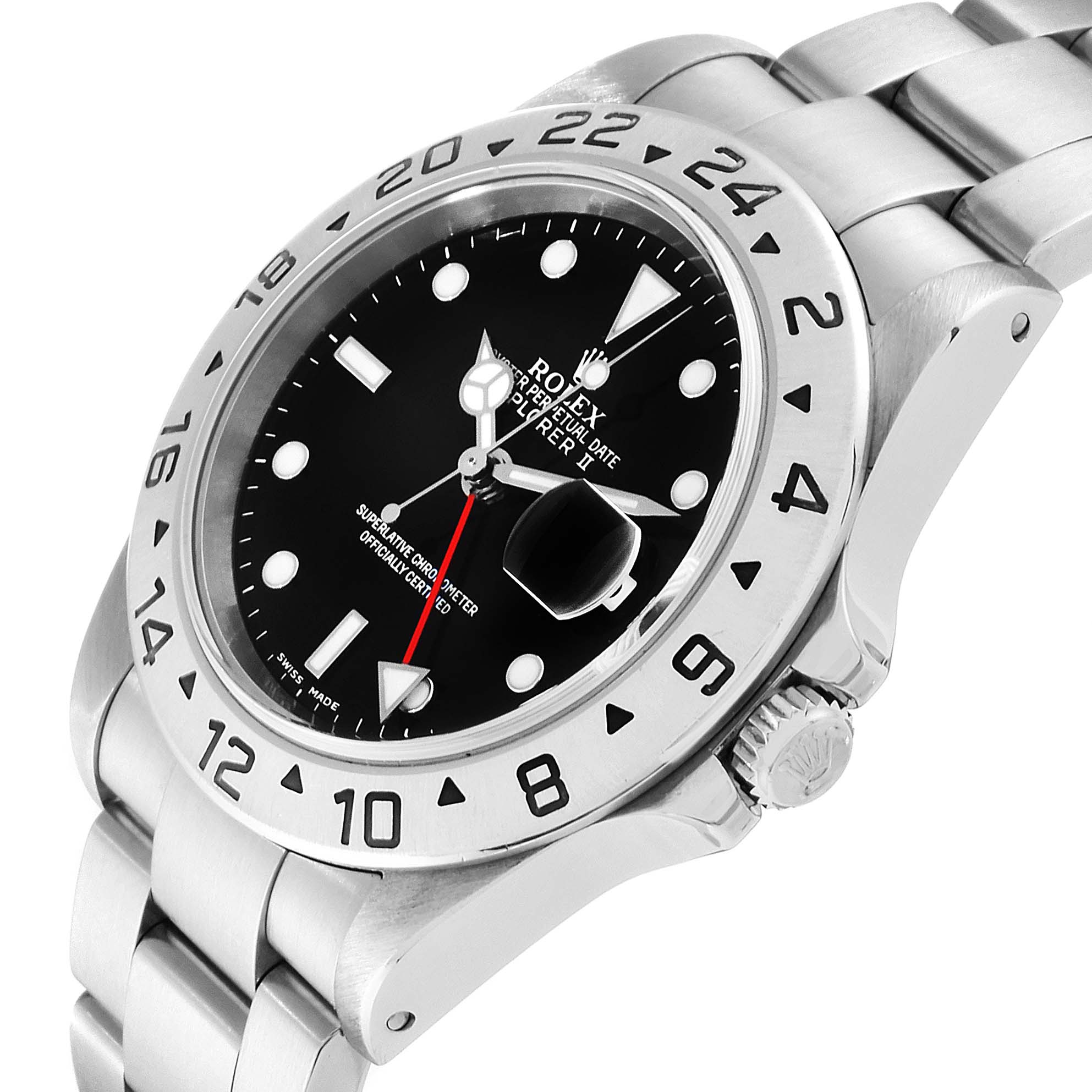 The image shows a Rolex Explorer 16570 Men
s Stainless Steel Black Dial 16570 Men
s Stainless Steel Black Dial watch at an angle showcasing the dial, bezel, crown, and part of the bracelet.