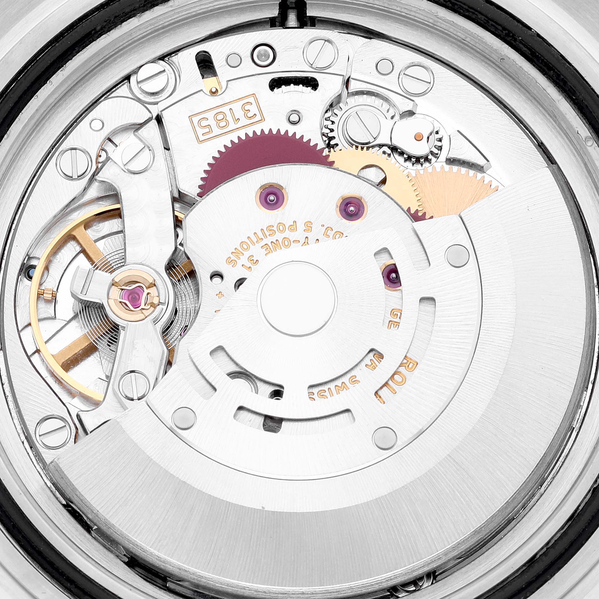 This is a close-up of the Explorer model by Rolex, showing the intricate inner mechanism of the watch.