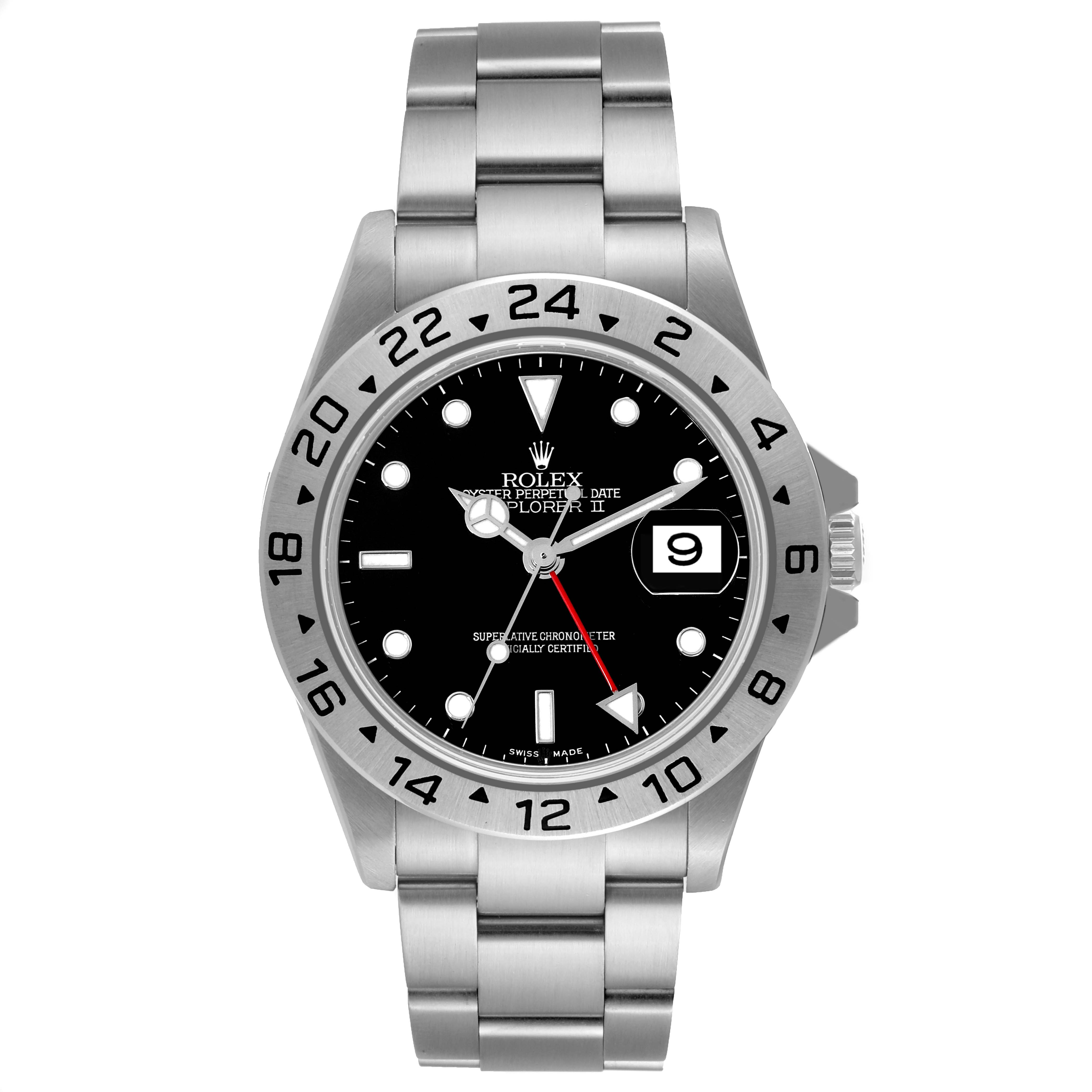 The Rolex Explorer 16570 Men's Stainless Steel Black Dial 16570 Men's Stainless Steel Black Dial watch is shown from the front, displaying the face, bezel, crown, and bracelet.