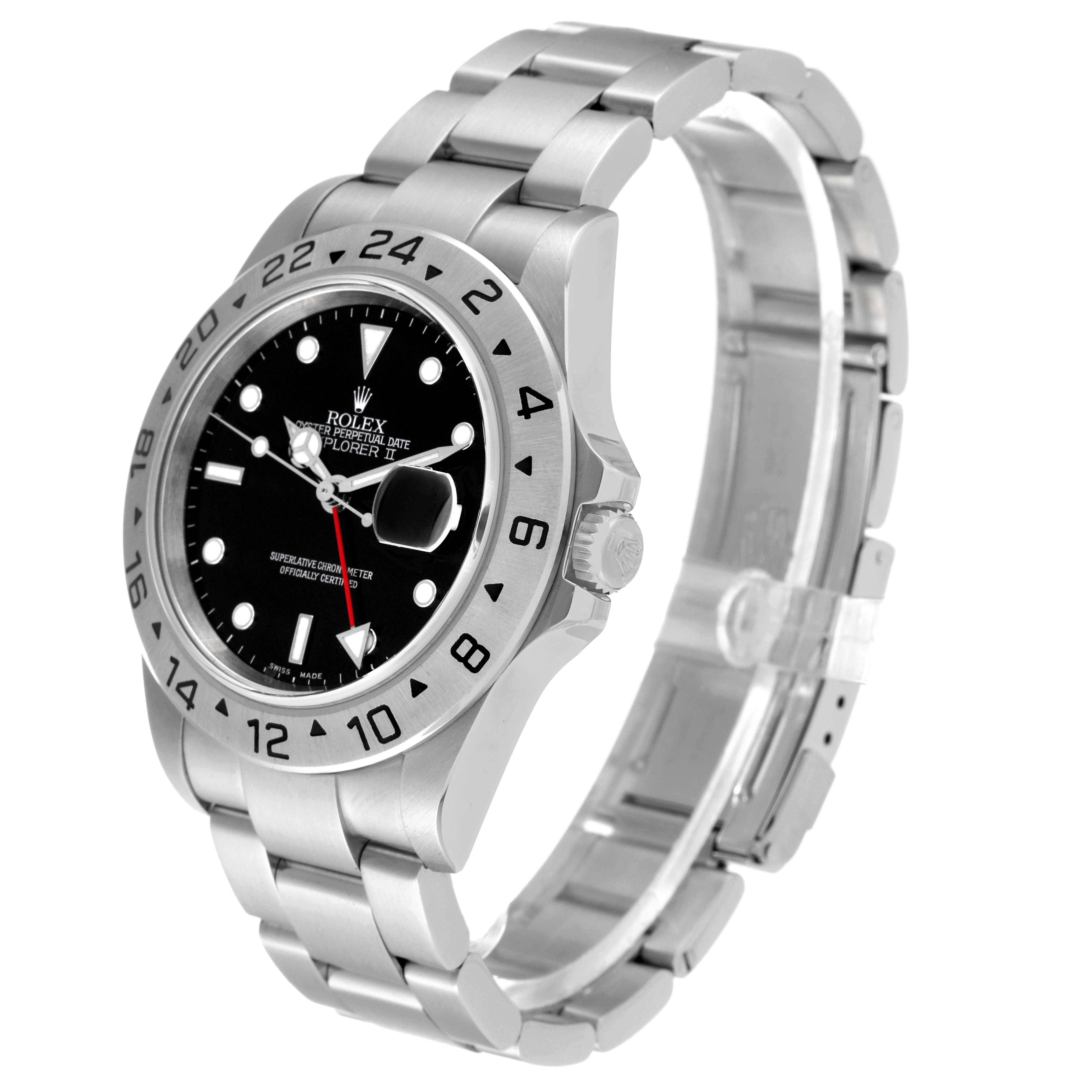 The Rolex Explorer 16570 Men's Stainless Steel Black Dial 16570 Men's Stainless Steel Black Dial watch is shown at a three-quarter angle highlighting the face, stainless steel bracelet, and bezel.