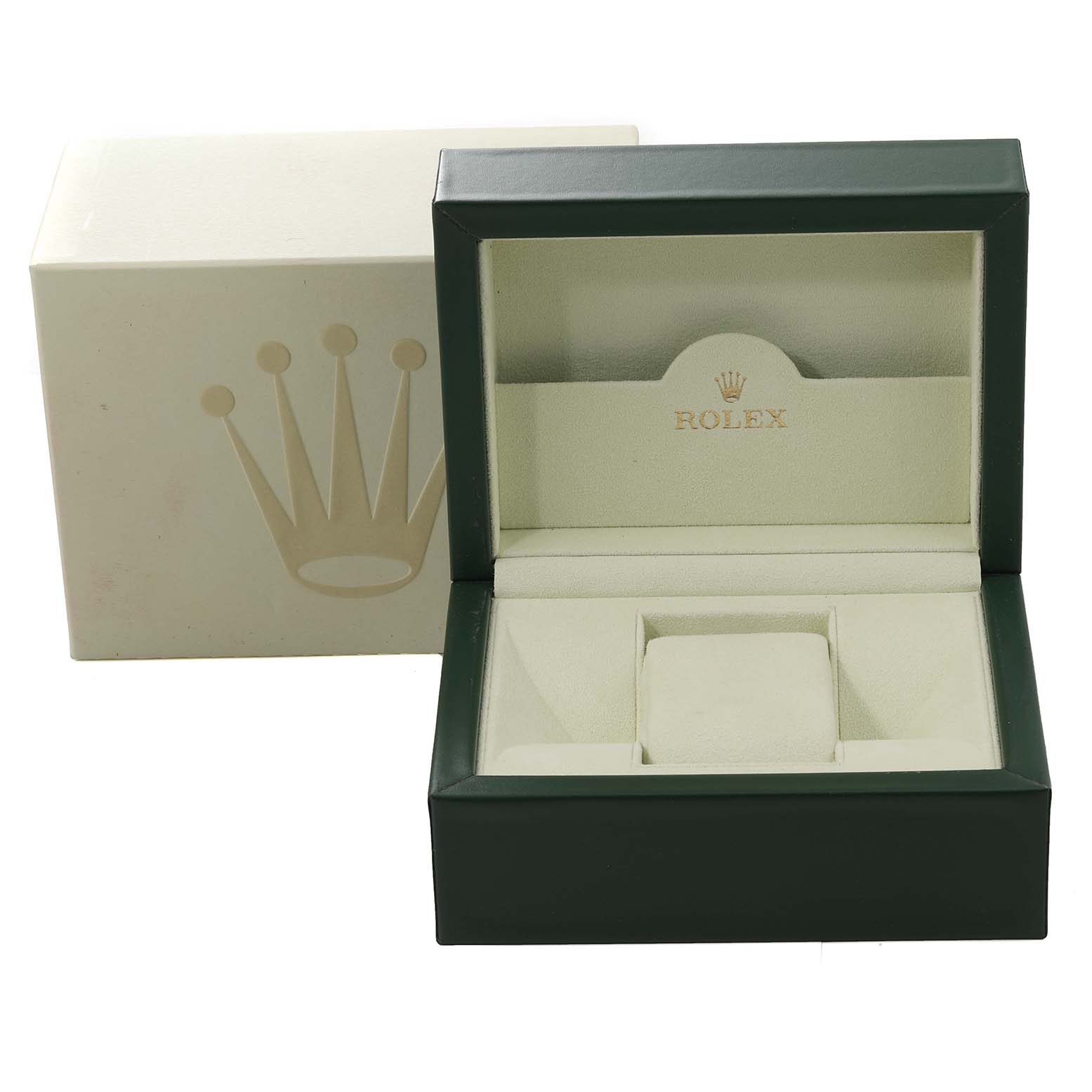 The image shows an open Rolex watch box for the Explorer model, along with its outer packaging.