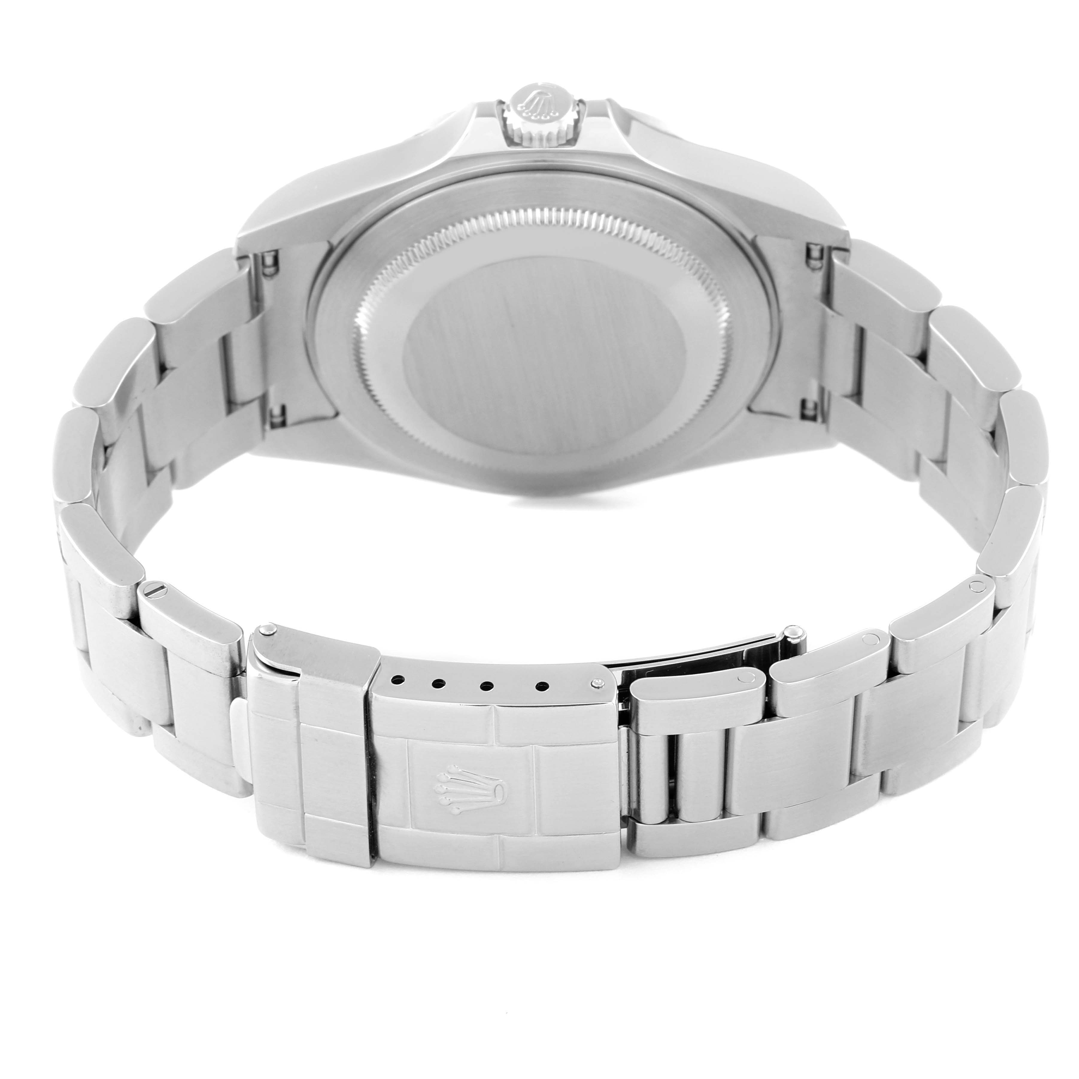 The image shows the back case and clasp of a Rolex Explorer 16570 Men's Stainless Steel Black Dial 16570 Men's Stainless Steel Black Dial watch in a stainless steel finish.