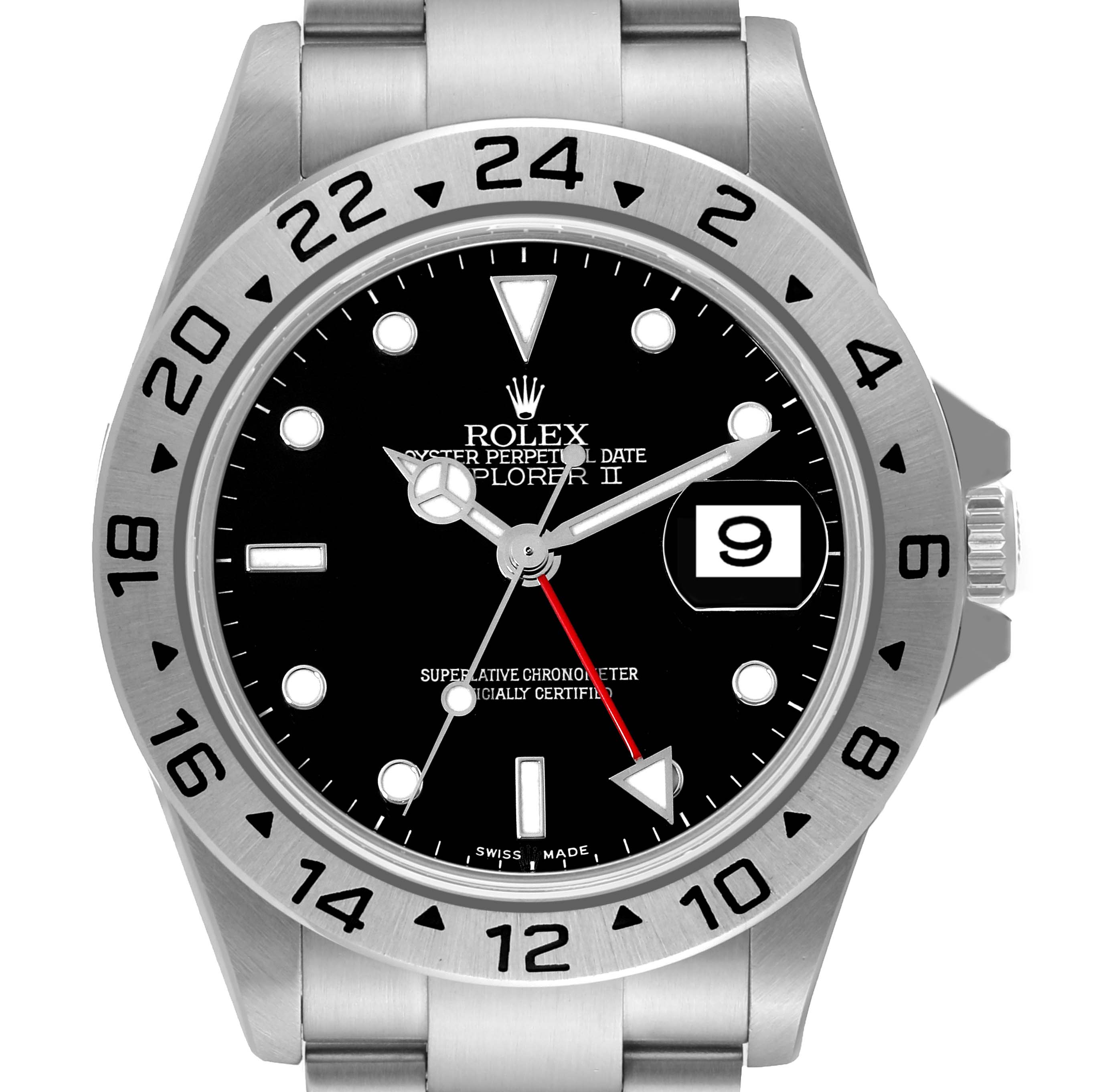 This image shows the front view of a Rolex Explorer 16570 Men's Stainless Steel Black Dial 16570 Men's Stainless Steel Black Dial watch, displaying the dial, bezel, and part of the bracelet.