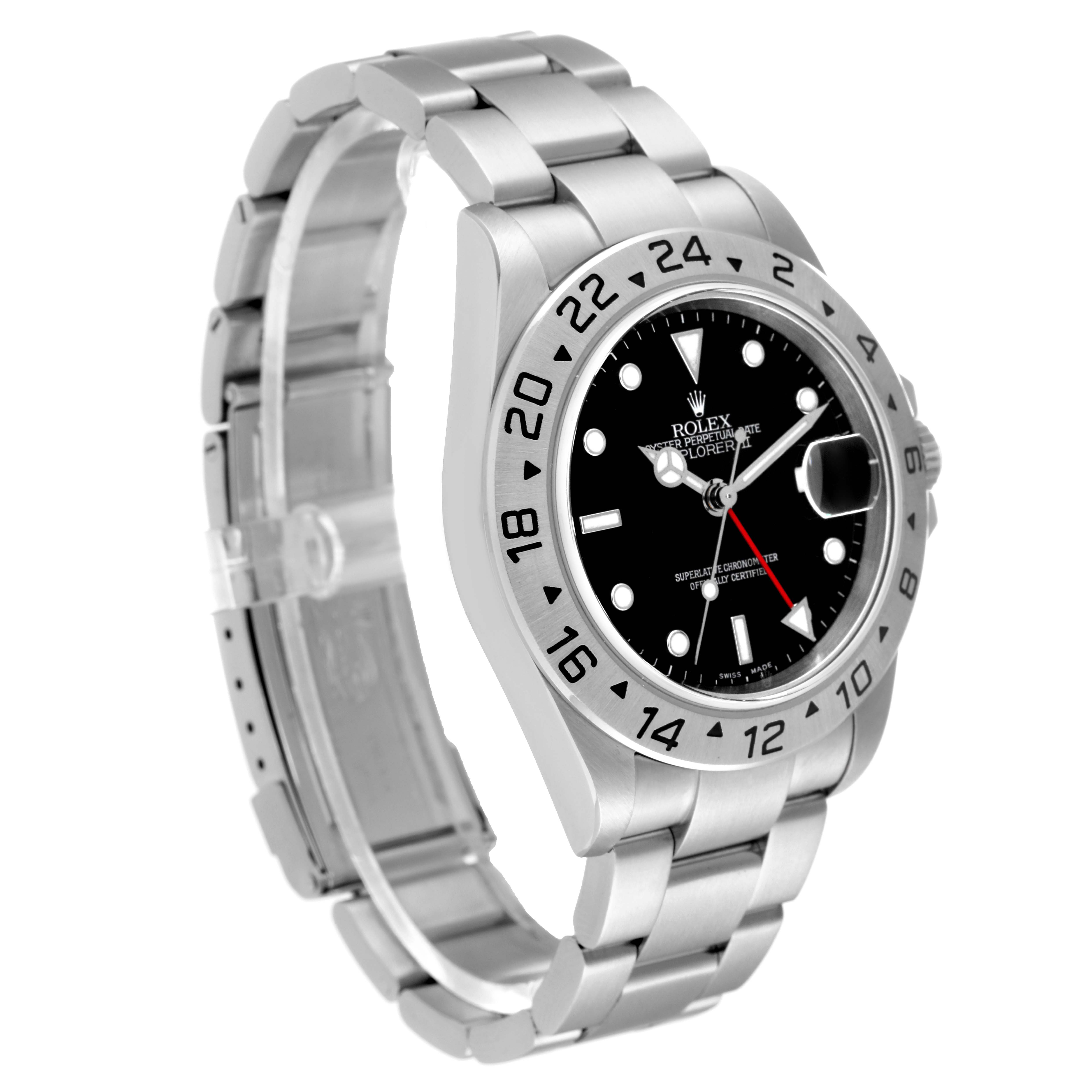 The Rolex Explorer 16570 Men's Stainless Steel Black Dial 16570 Men's Stainless Steel Black Dial model watch is shown at a slight angle, displaying its face, bezel, and bracelet.