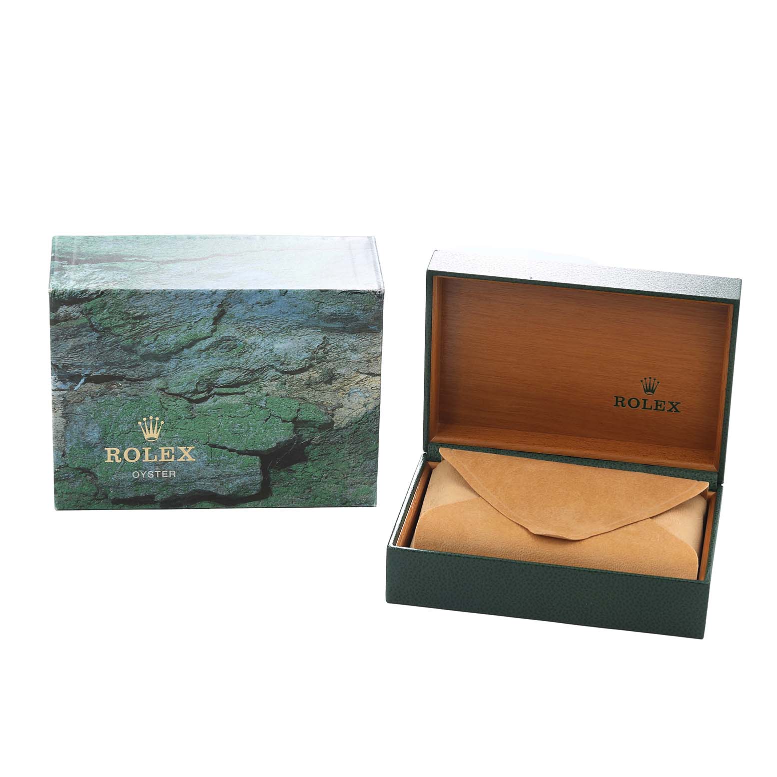 The image shows a Rolex Explorer 16570 Men
s Stainless Steel White Dial watch box and outer packaging viewed from the front.