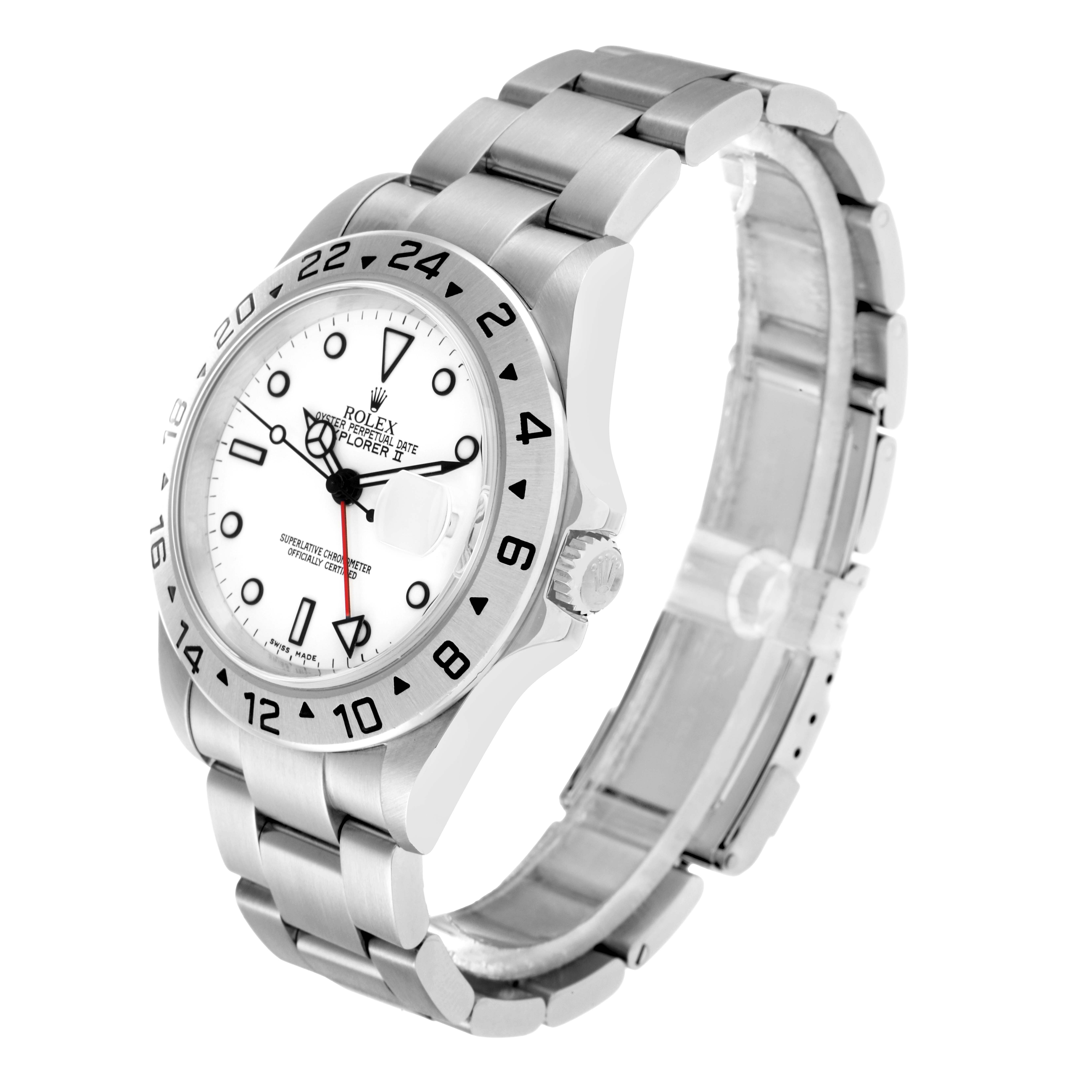 The Rolex Explorer 16570 Men
s Stainless Steel White Dial watch is shown at a slight angle, highlighting the face, bezel, crown, and bracelet.