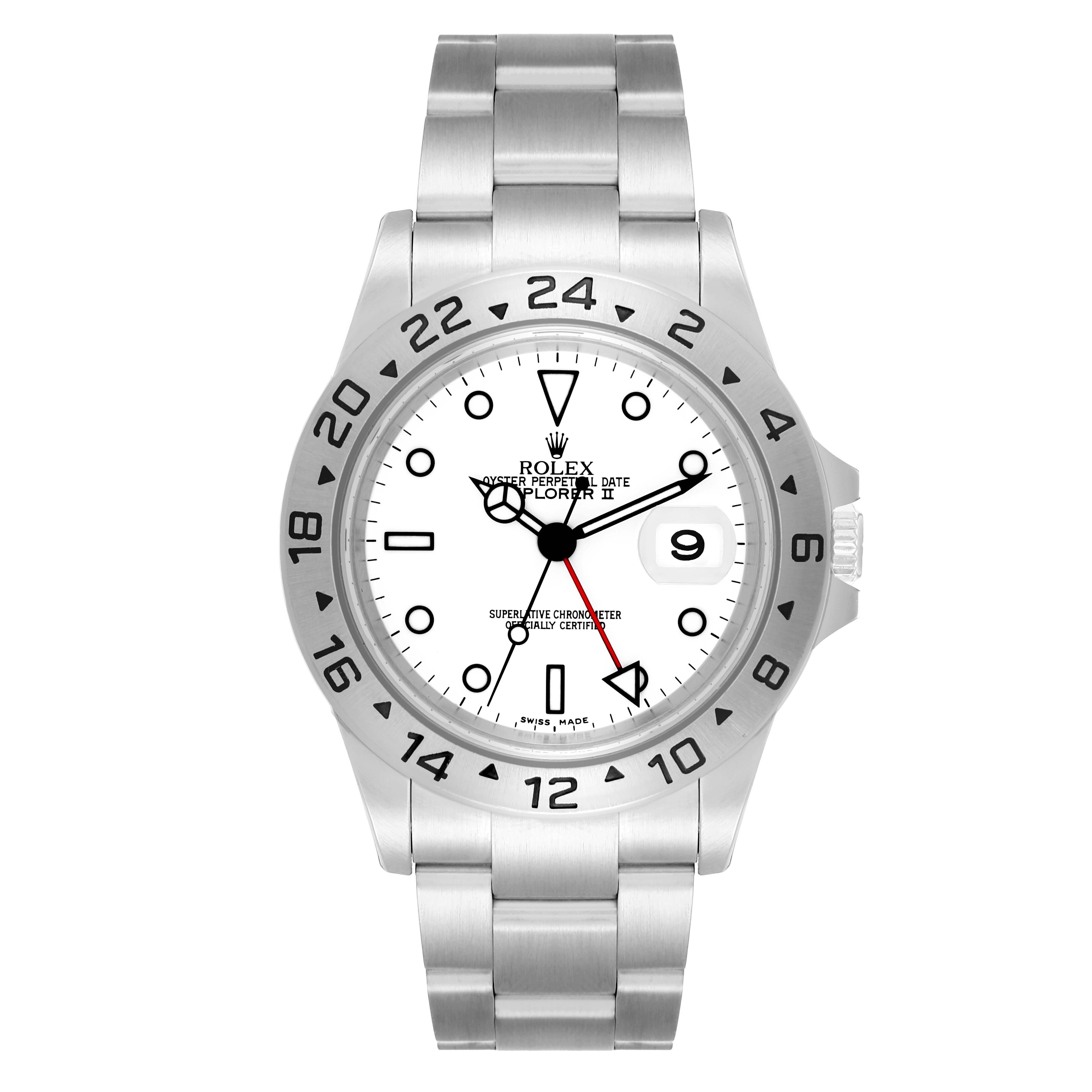 The image shows a front view of a Rolex Explorer 16570 Men
s Stainless Steel White Dial II watch, displaying its bezel, face, and bracelet.