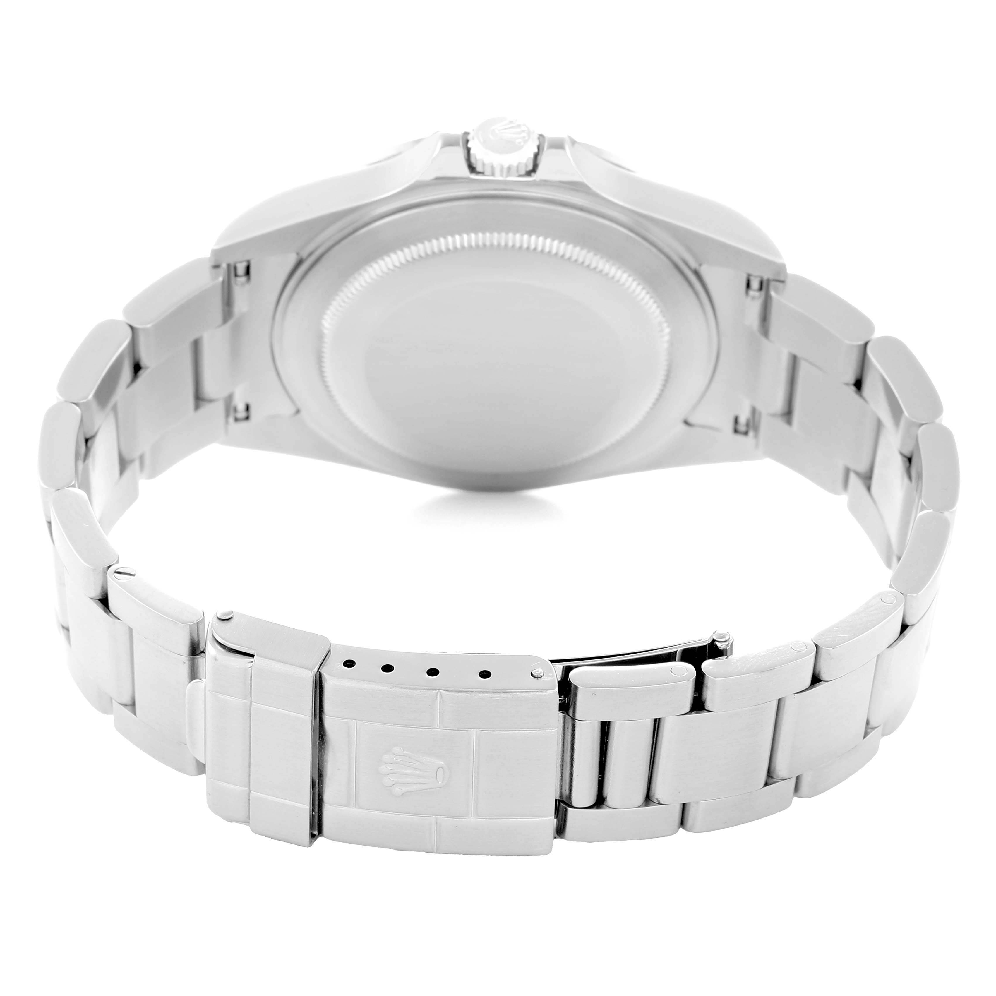 The image shows the back view of the Rolex Explorer 16570 Men
s Stainless Steel White Dial, highlighting the clasp and bracelet links.