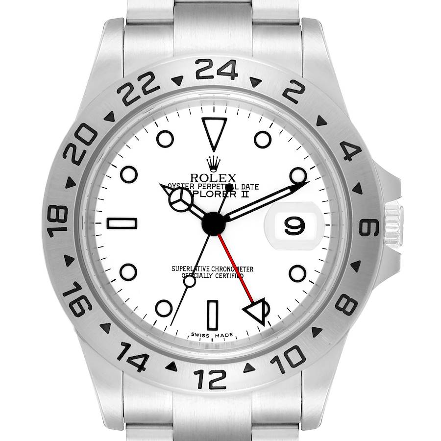 The Rolex Explorer 16570 Men's Stainless Steel White Dial watch is shown from a top view, displaying the dial, bezel, and part of the bracelet.