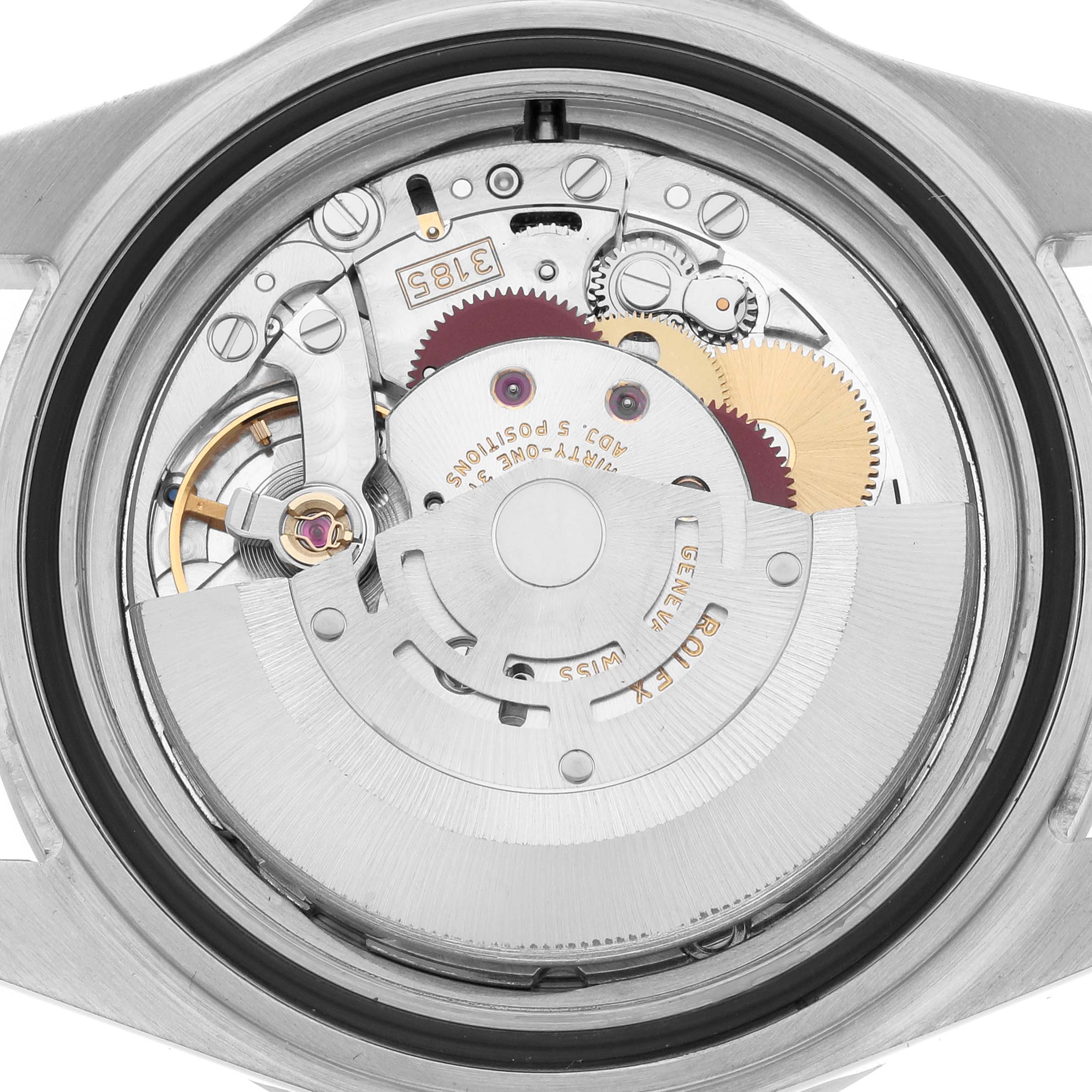 The image shows the movement of a Rolex Explorer 16570 Men
s Stainless Steel White Dial watch from a top-down angle.