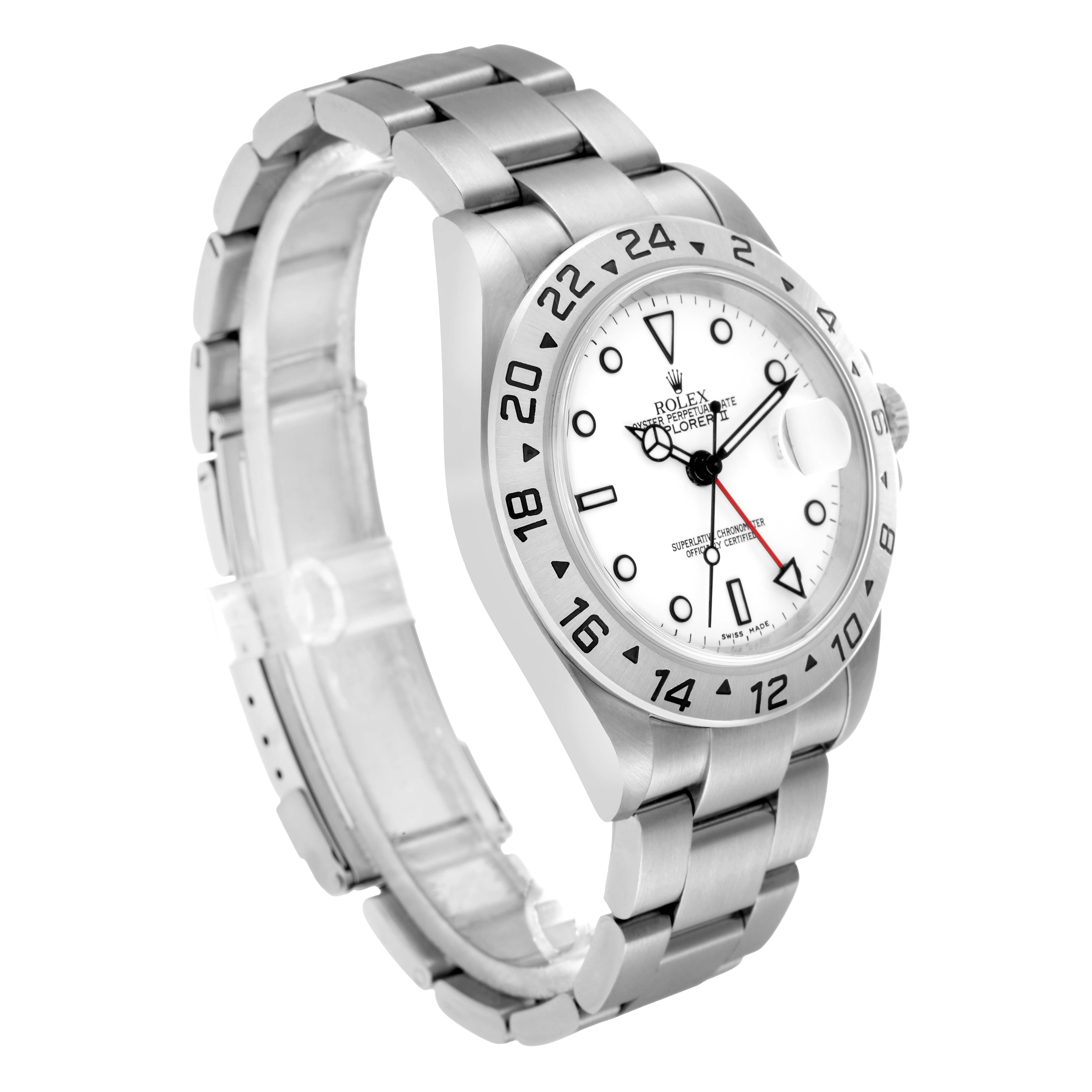 The image shows a Rolex Explorer 16570 Men
s Stainless Steel White Dial watch in a three-quarter view, highlighting its dial, bezel, and bracelet.