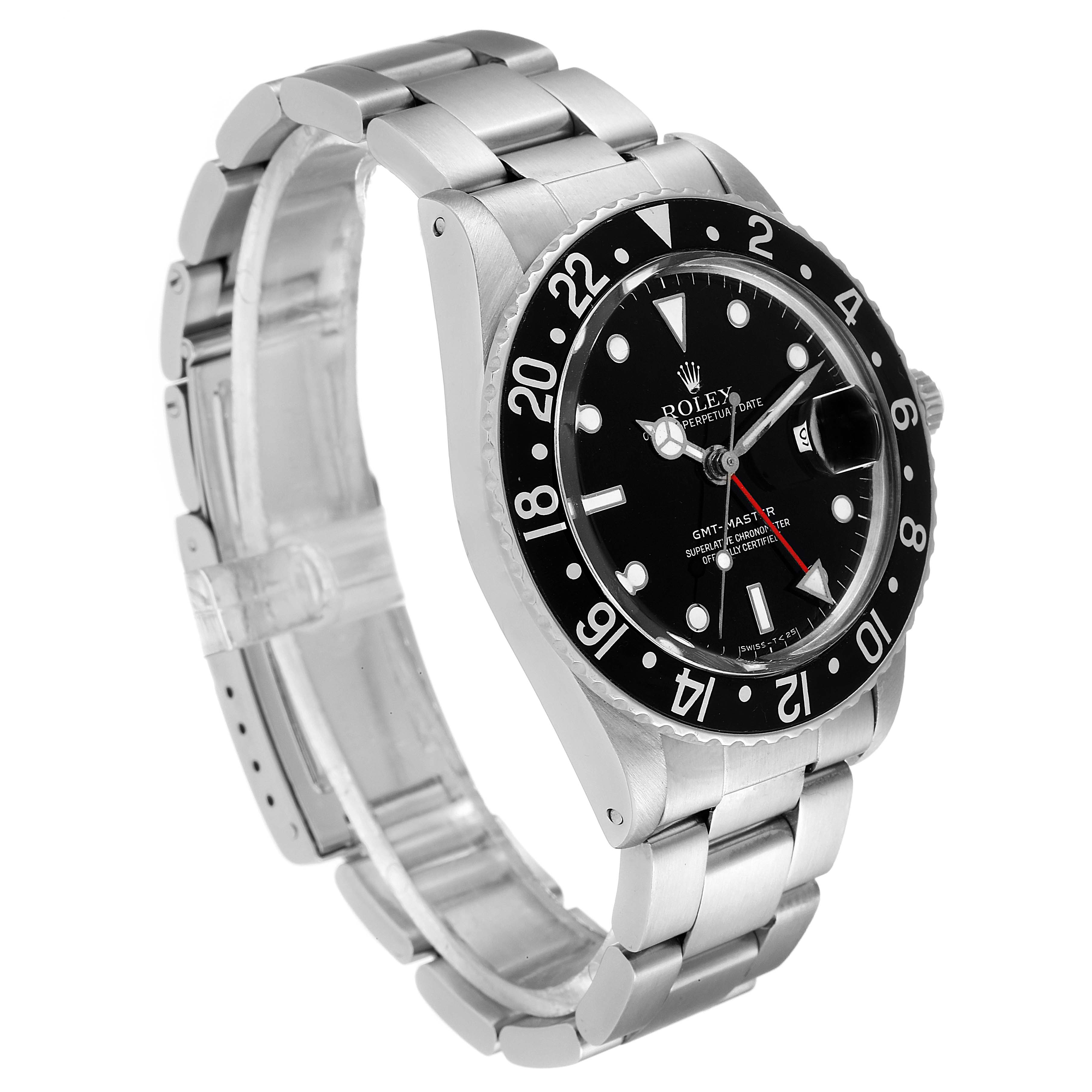 This image shows a side angle of the Rolex Vintage Collection 16750 Men's Stainless Steel Black Dial 16750 Men's Stainless Steel Black Dial watch, displaying its face, bezel, and bracelet.