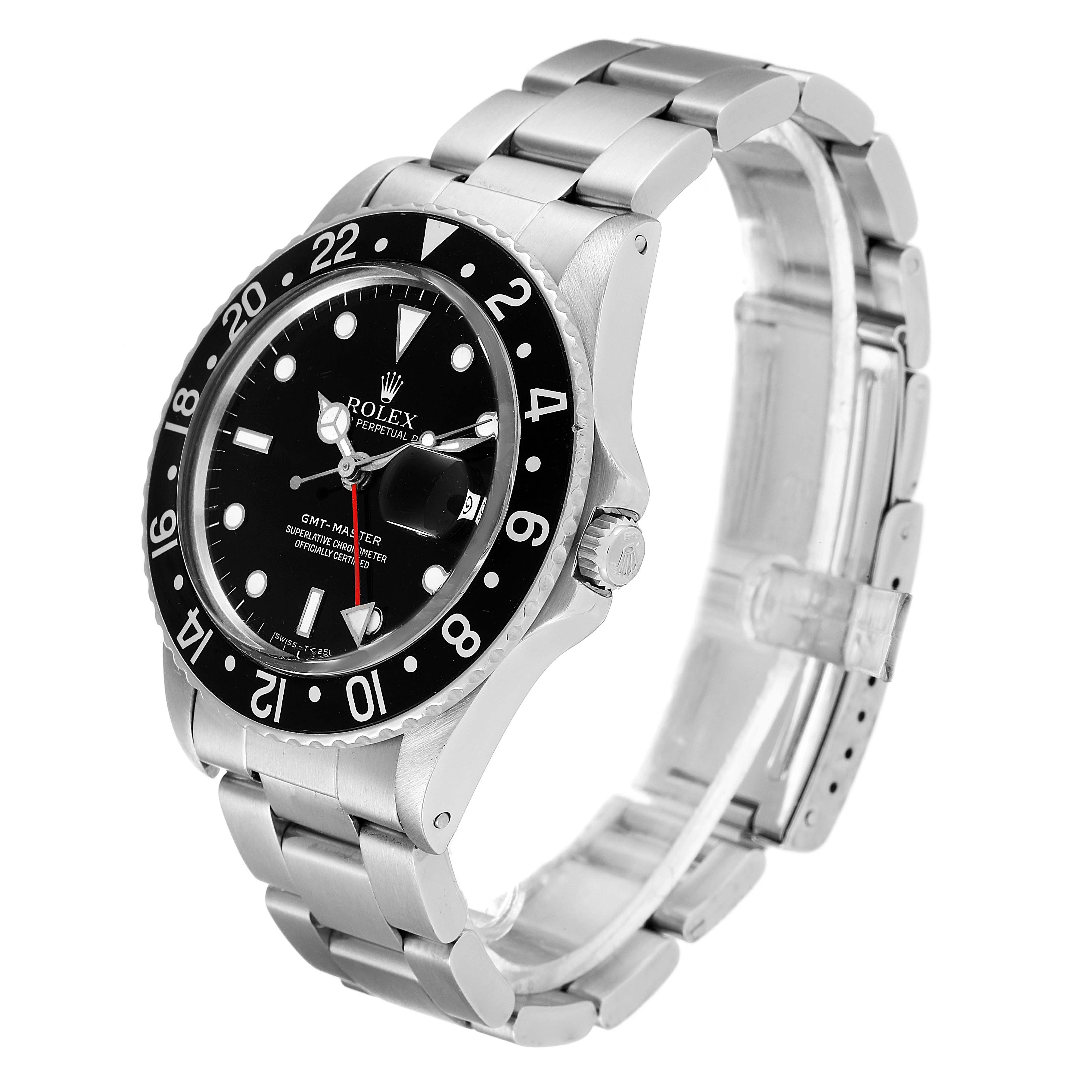 This image shows a Rolex Vintage Collection 16750 Men's Stainless Steel Black Dial 16750 Men's Stainless Steel Black Dial model watch from an angled side view, highlighting the face, bezel, and bracelet.