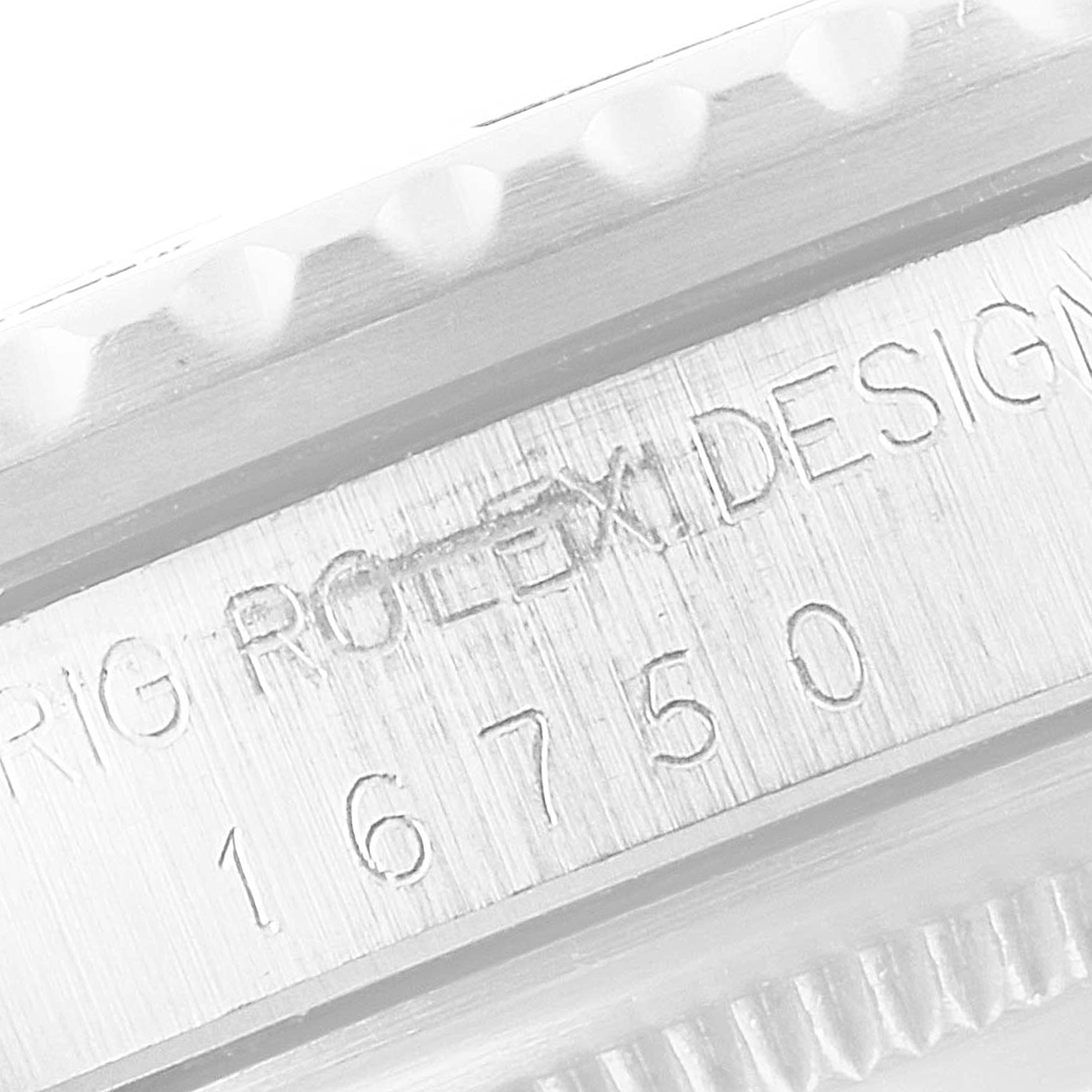 The image shows a close-up of the case side engraving of the Rolex Vintage Collection 16750 Men's Stainless Steel Black Dial 16750 Men's Stainless Steel Black Dial model.