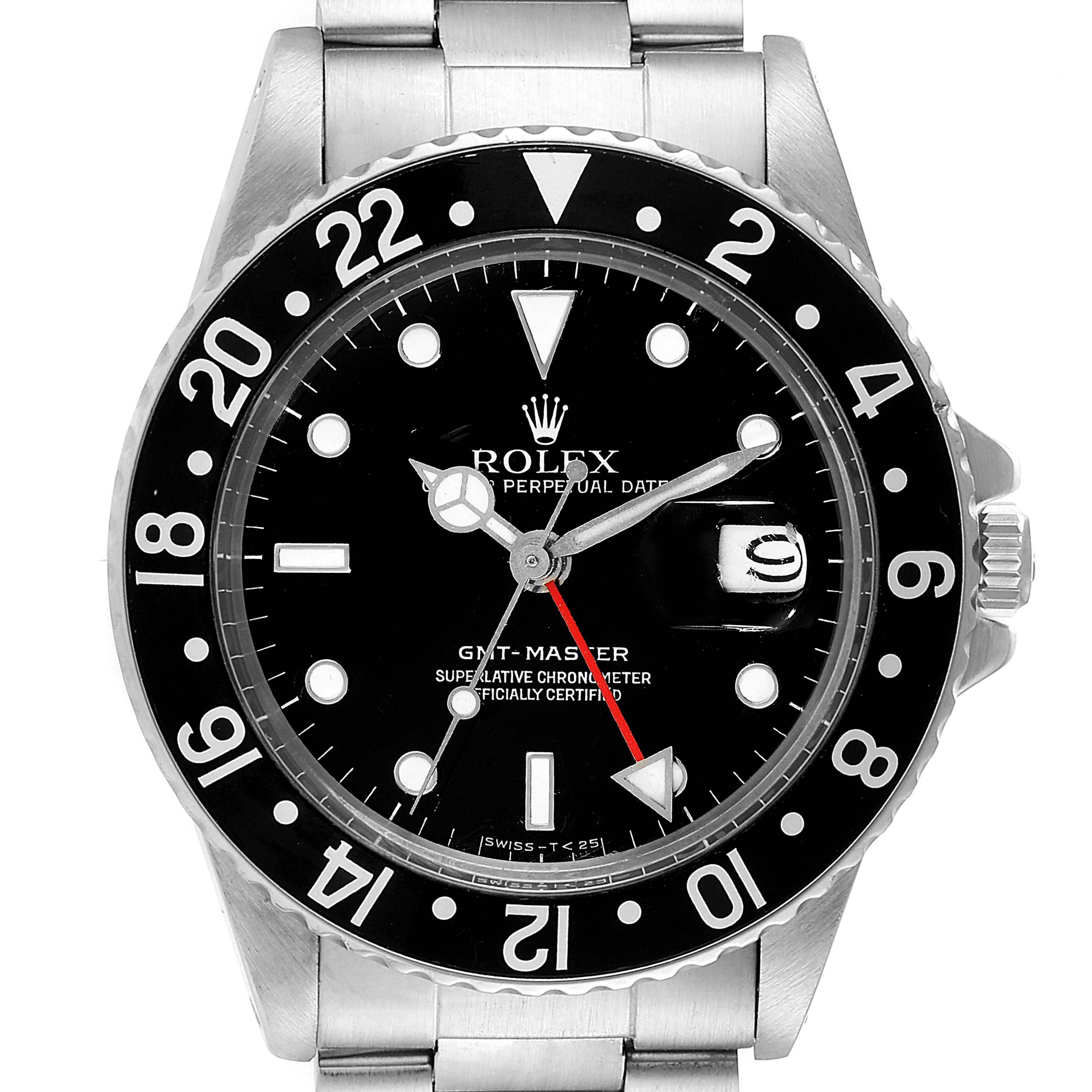 The image shows a front view of the Rolex Vintage Collection 16750 Men's Stainless Steel Black Dial 16750 Men's Stainless Steel Black Dial GMT-Master watch, displaying the dial, bezel, and part of the bracelet.