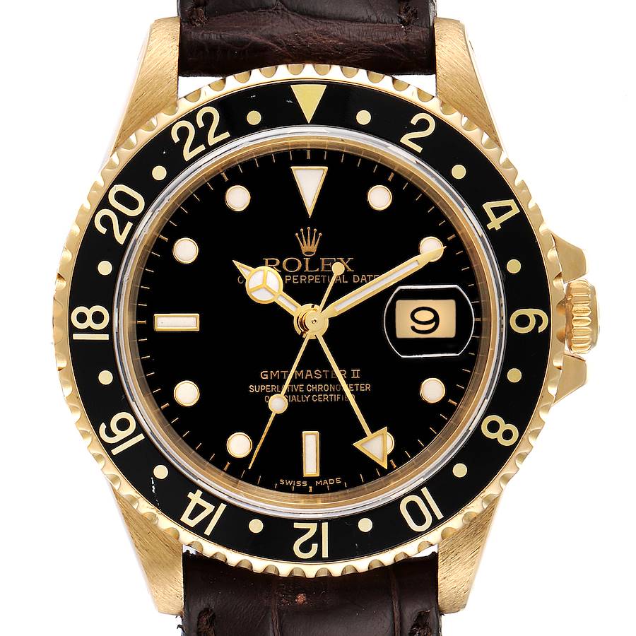 Rolex GMT Master II 18K Yellow Gold Black Dial Mens Watch 16718 SwissWatchExpo