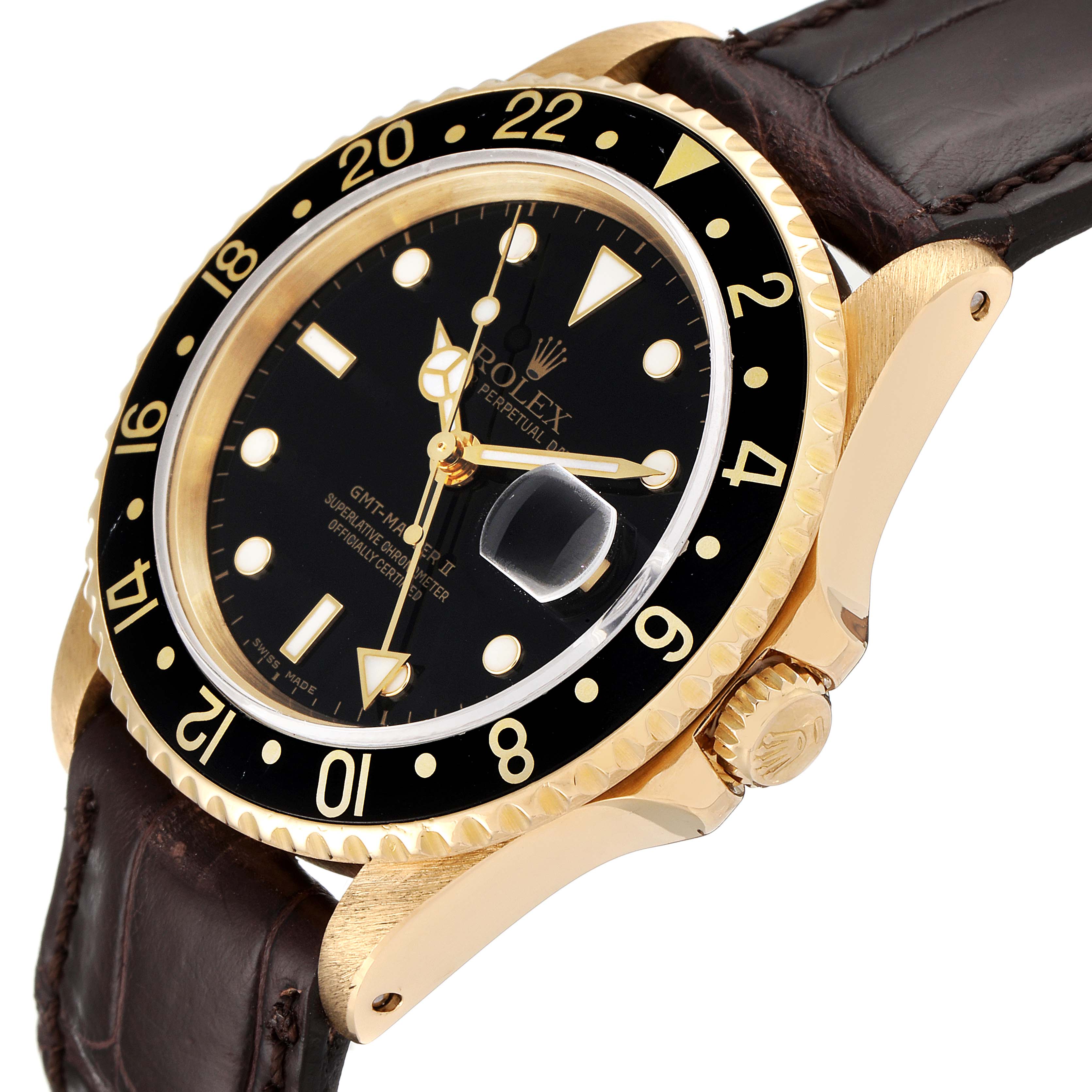 The image shows a side and partial front angle of a Rolex GMT-Master 16718 Men
s Yellow Gold Black Dial 16718 Men
s Yellow Gold Black Dial watch, highlighting the bezel, dial, crown, and leather strap.