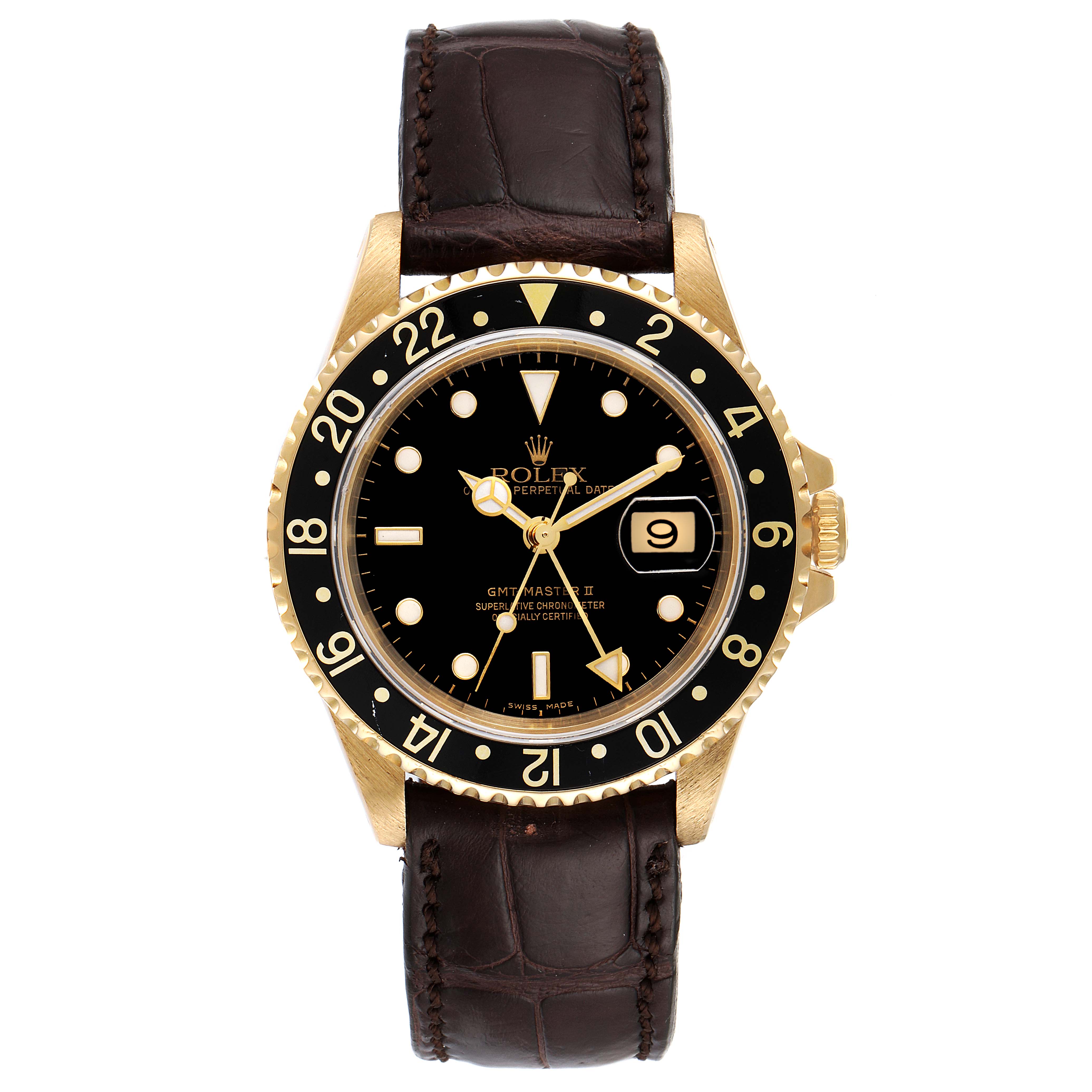 The image shows a front view of a Rolex GMT-Master 16718 Men
s Yellow Gold Black Dial 16718 Men
s Yellow Gold Black Dial watch, featuring a gold case, black bezel, black dial, and brown leather strap.