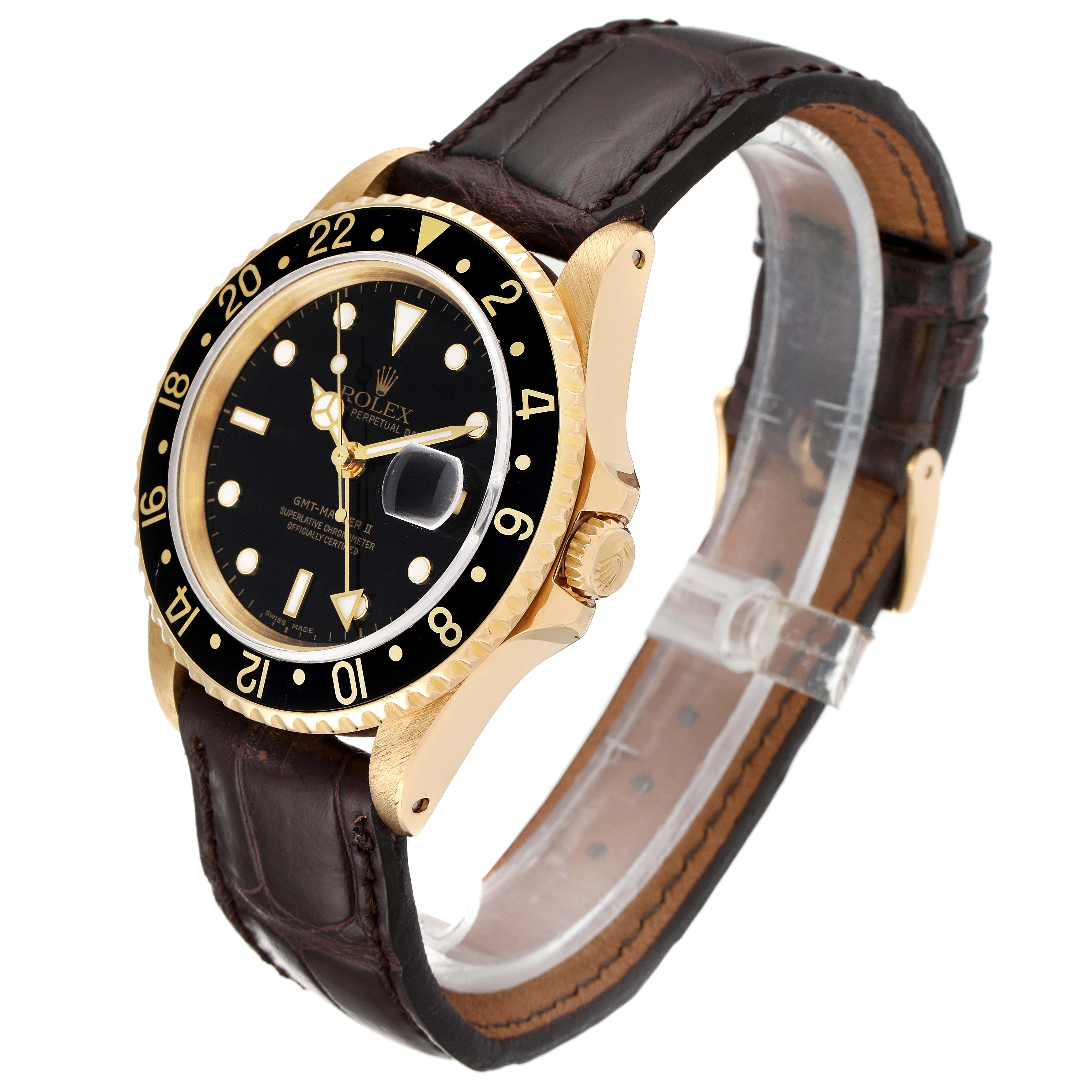 The image shows a Rolex GMT-Master 16718 Men
s Yellow Gold Black Dial 16718 Men
s Yellow Gold Black Dial watch at a 3/4 angle, highlighting the bezel, dial, crown, and leather strap.