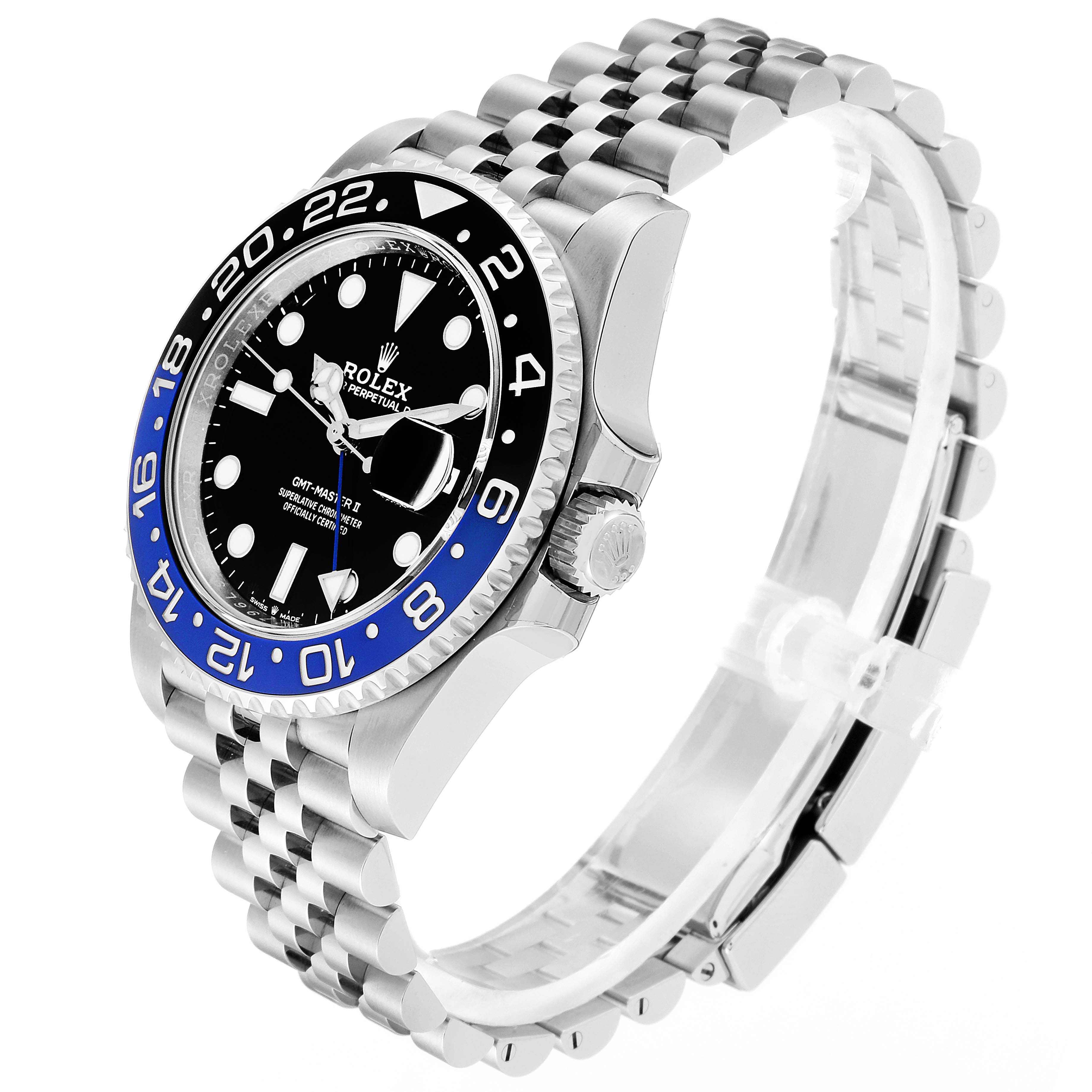 The image shows a side angle of the Rolex GMT-Master 126710 Men
s Stainless Steel Black Dial 126710 Men
s Stainless Steel Black Dial watch, highlighting the bezel, dial, crown, and jubilee bracelet.
