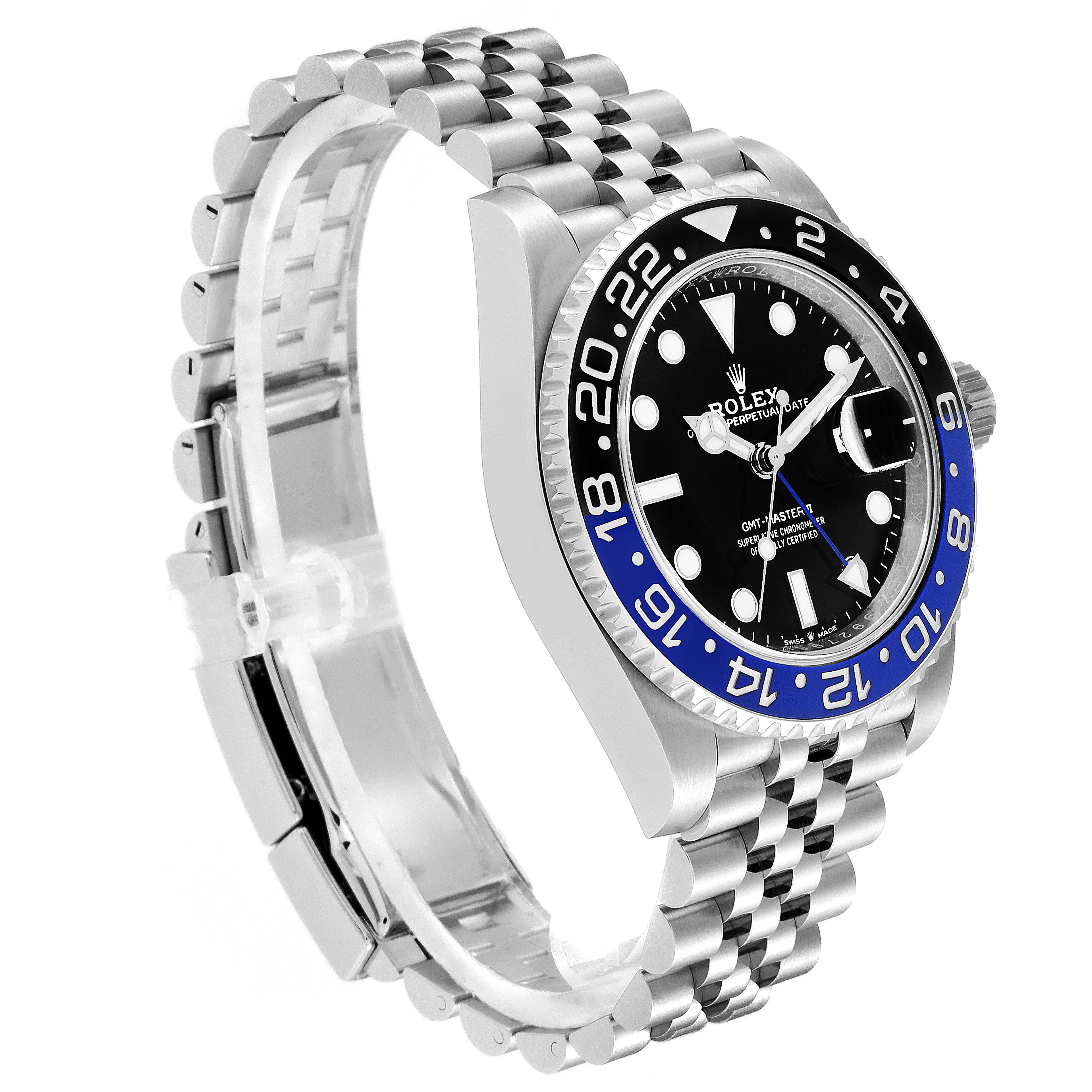 This is a side view of a Rolex GMT-Master 126710 Men
s Stainless Steel Black Dial 126710 Men
s Stainless Steel Black Dial watch, showcasing its bracelet, bezel, and dial.