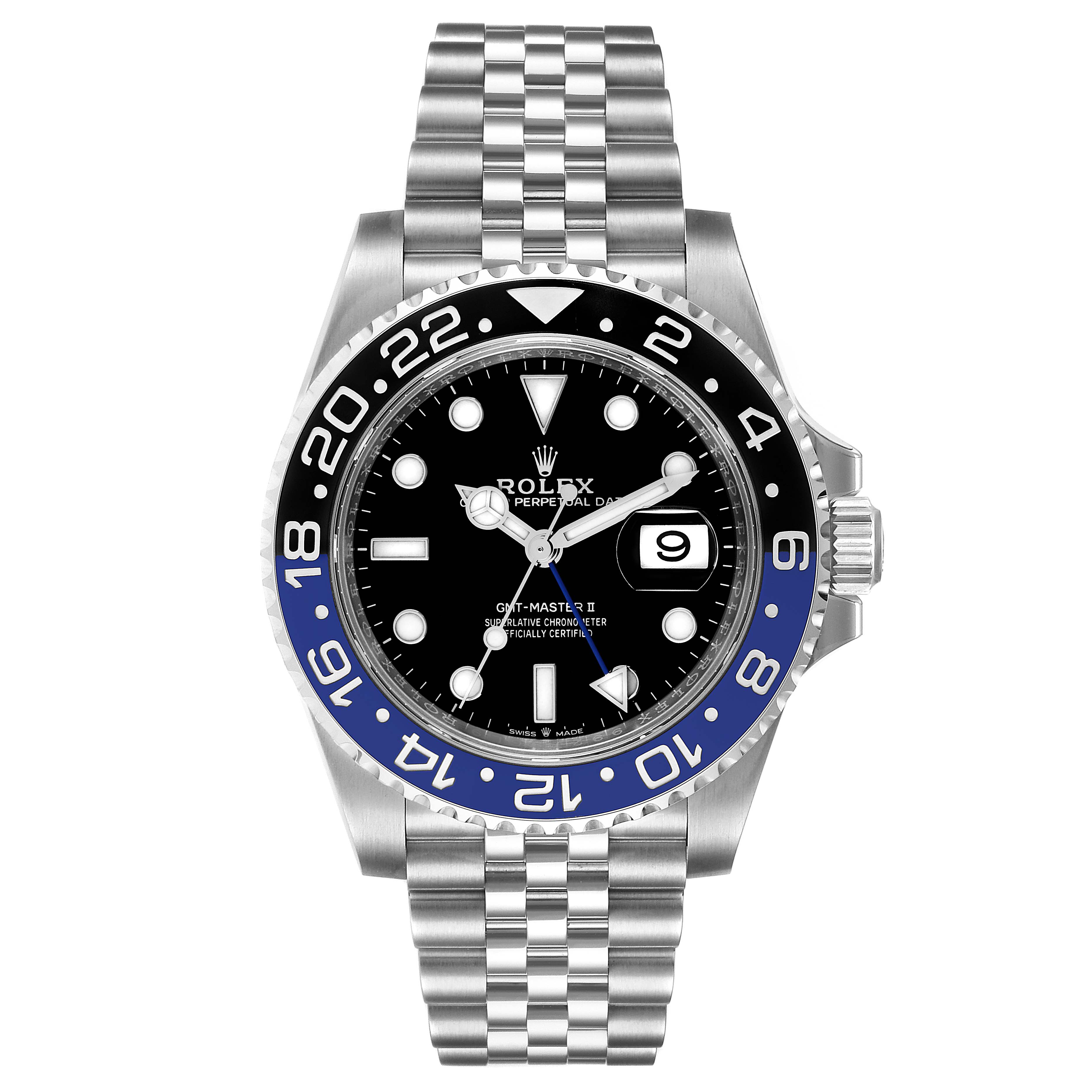 This image shows a front view of a Rolex GMT-Master 126710 Men
s Stainless Steel Black Dial 126710 Men
s Stainless Steel Black Dial II watch, displaying the dial, bezel, and bracelet.