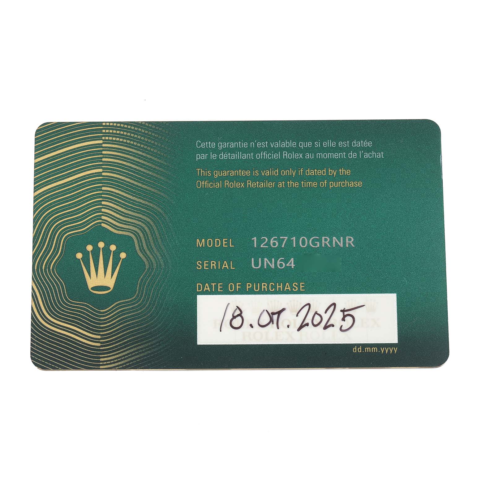 The image shows the guarantee card for the Rolex GMT-Master 126710 Men
s Stainless Steel Black Dial model 126710GRNR.