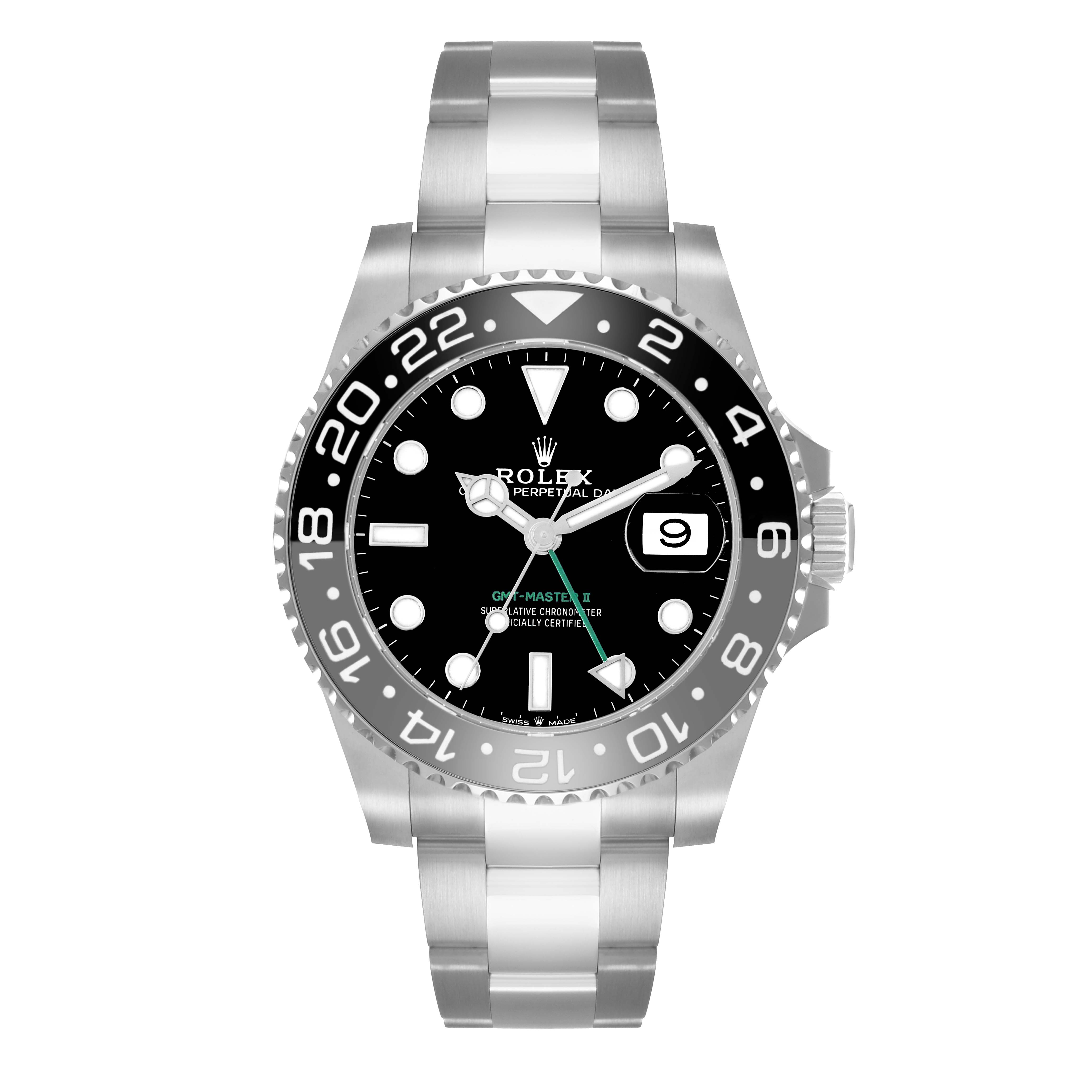 The Rolex GMT-Master 126710 Men
s Stainless Steel Black Dial model is shown in a front view, highlighting the bezel, dial, hands, crown, and bracelet.