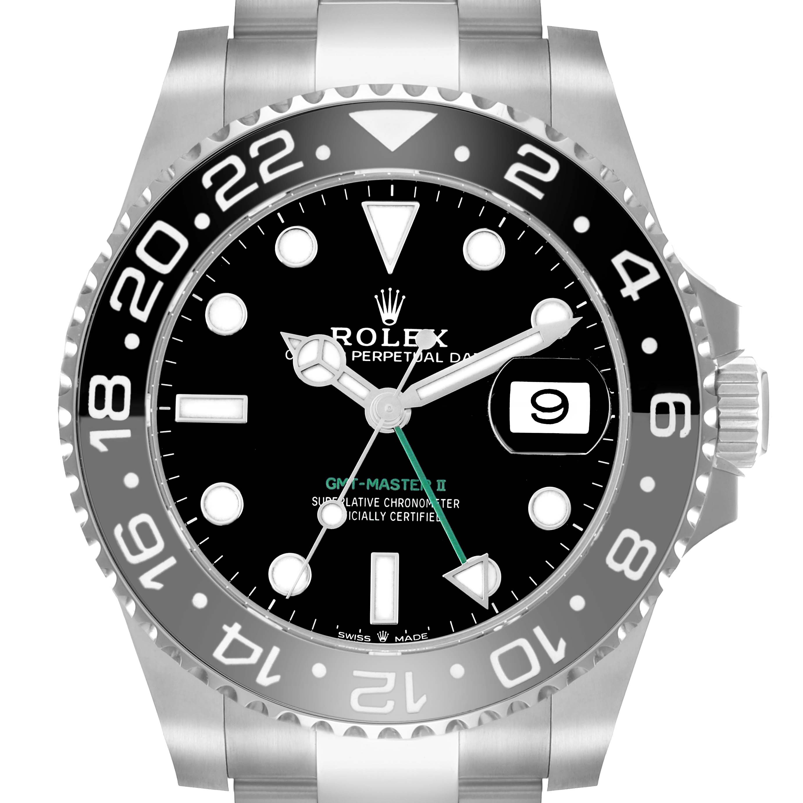 The image shows a Rolex GMT-Master 126710 Men
s Stainless Steel Black Dial II watch from the front, highlighting the face, bezel, crown, and part of the bracelet.