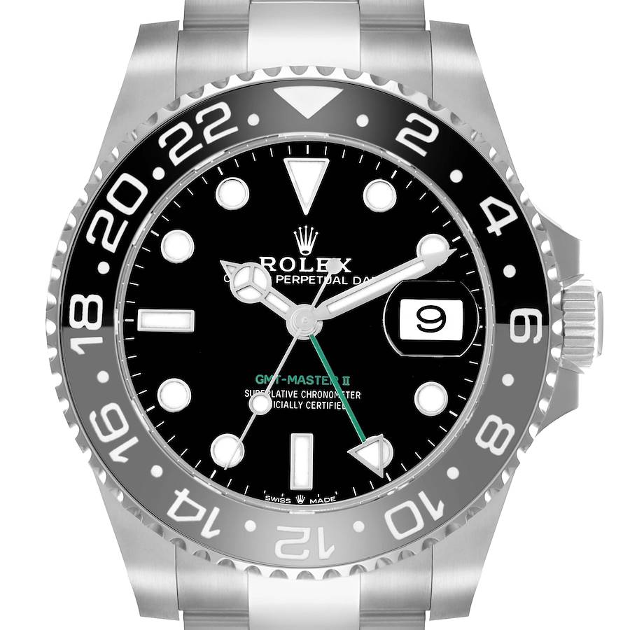 The image shows a Rolex GMT-Master 126710 Men's Stainless Steel Black Dial II watch from the front, highlighting the face, bezel, crown, and part of the bracelet.