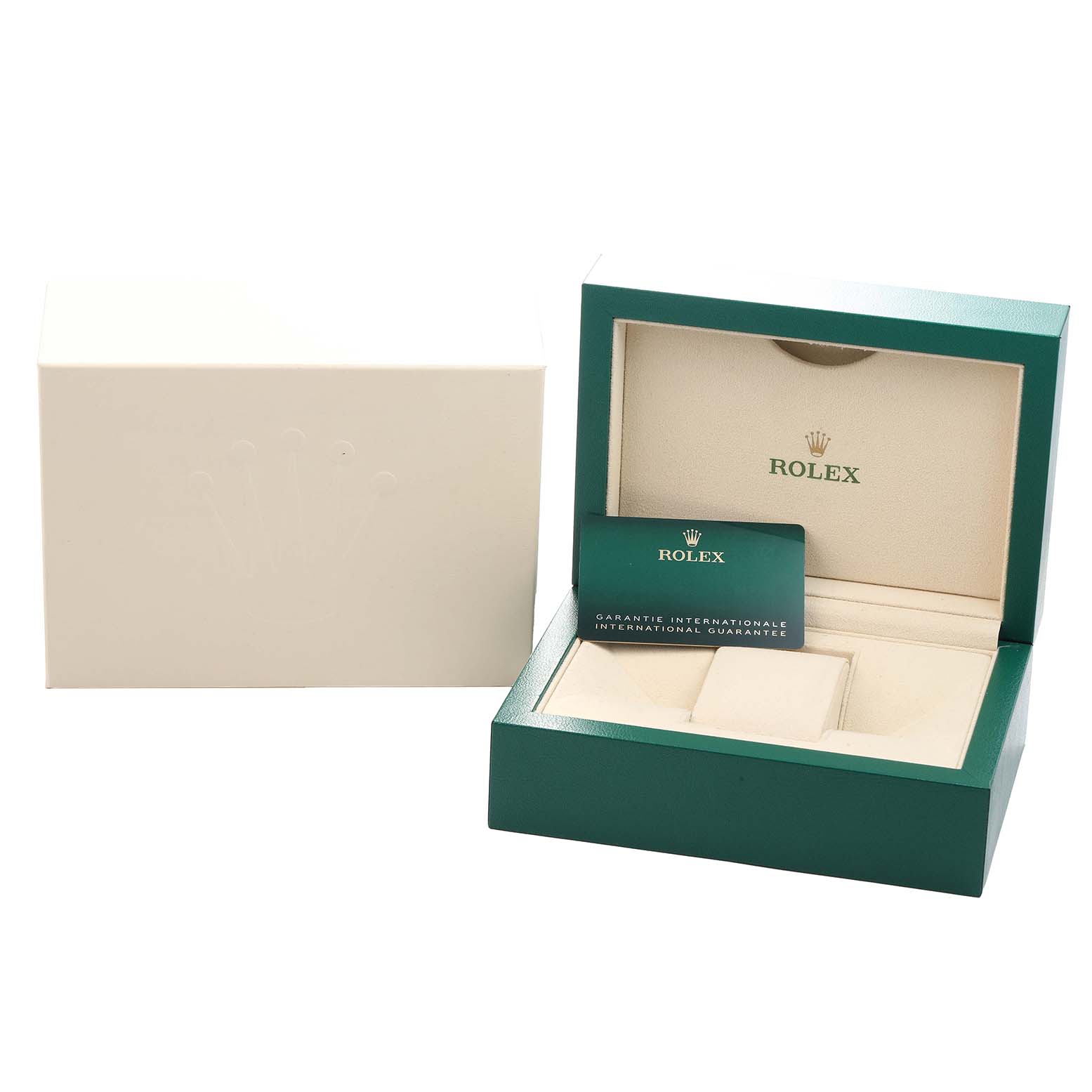 The image shows the open box of a Rolex GMT-Master 126710 Men
s Stainless Steel Black Dial with guarantee card, viewed from the front.