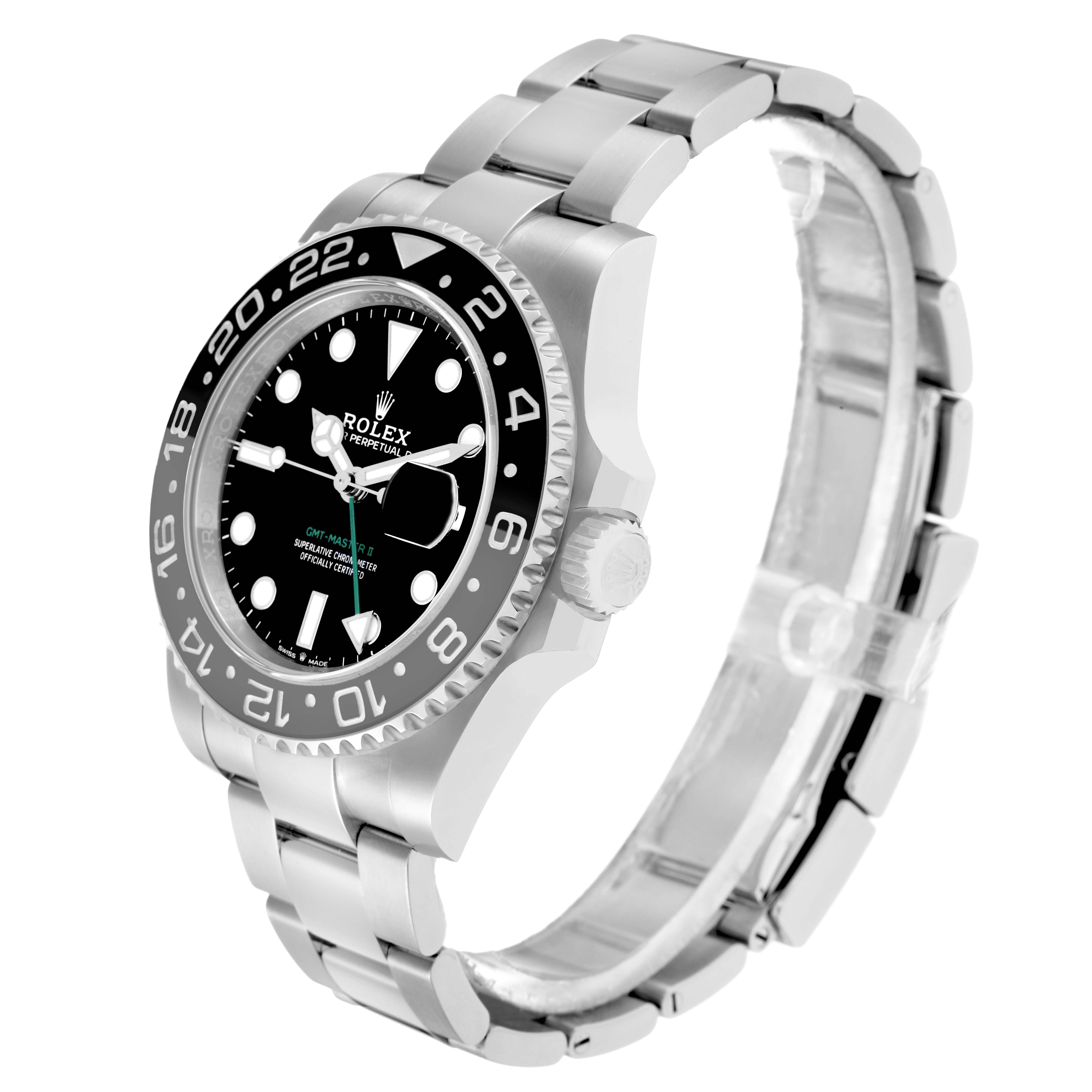 The Rolex GMT-Master 126710 Men
s Stainless Steel Black Dial watch is shown at a three-quarter angle, displaying the face, bezel, crown, and bracelet clearly.