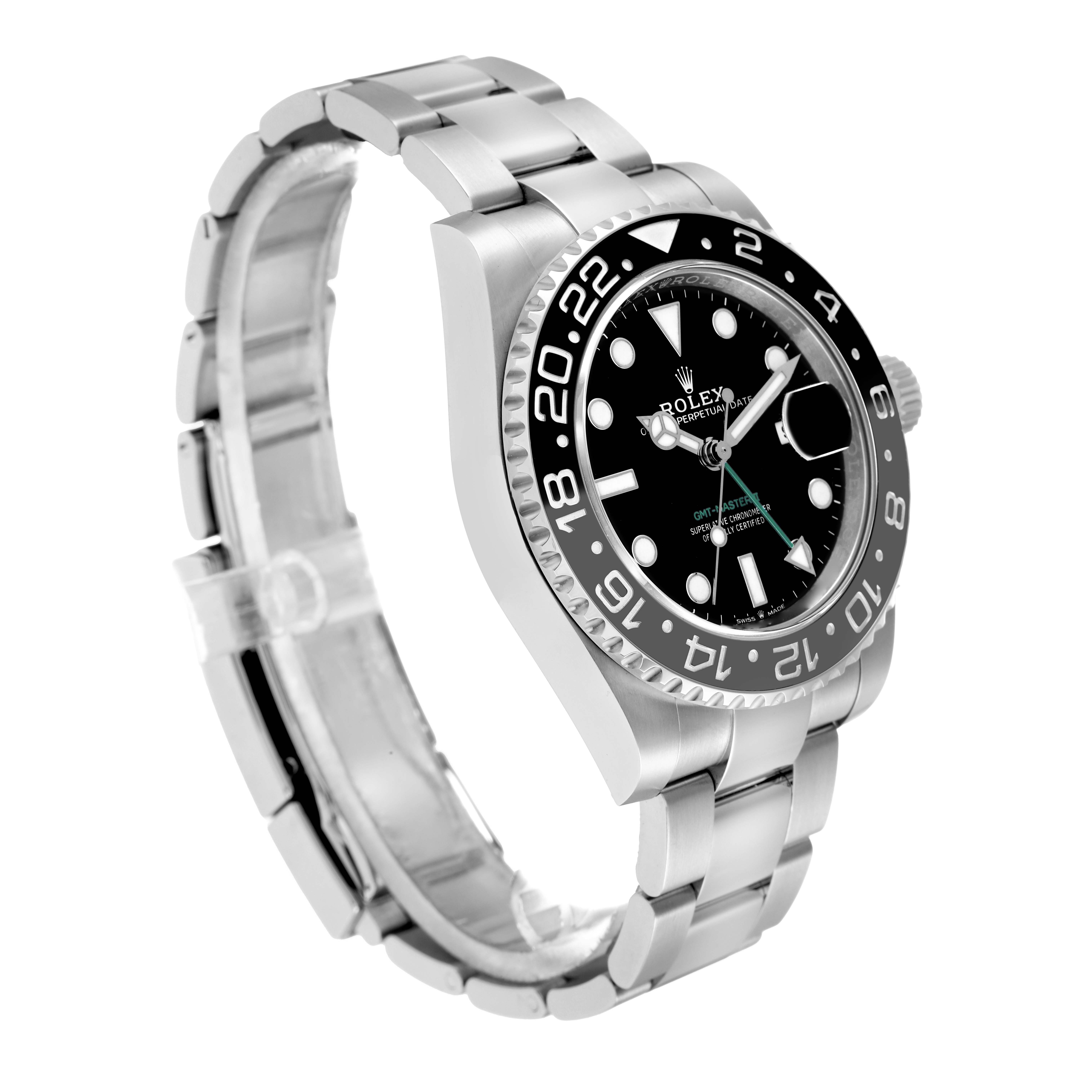 The Rolex GMT-Master 126710 Men
s Stainless Steel Black Dial is shown at a three-quarter angle, highlighting the bezel, dial, and stainless steel bracelet.