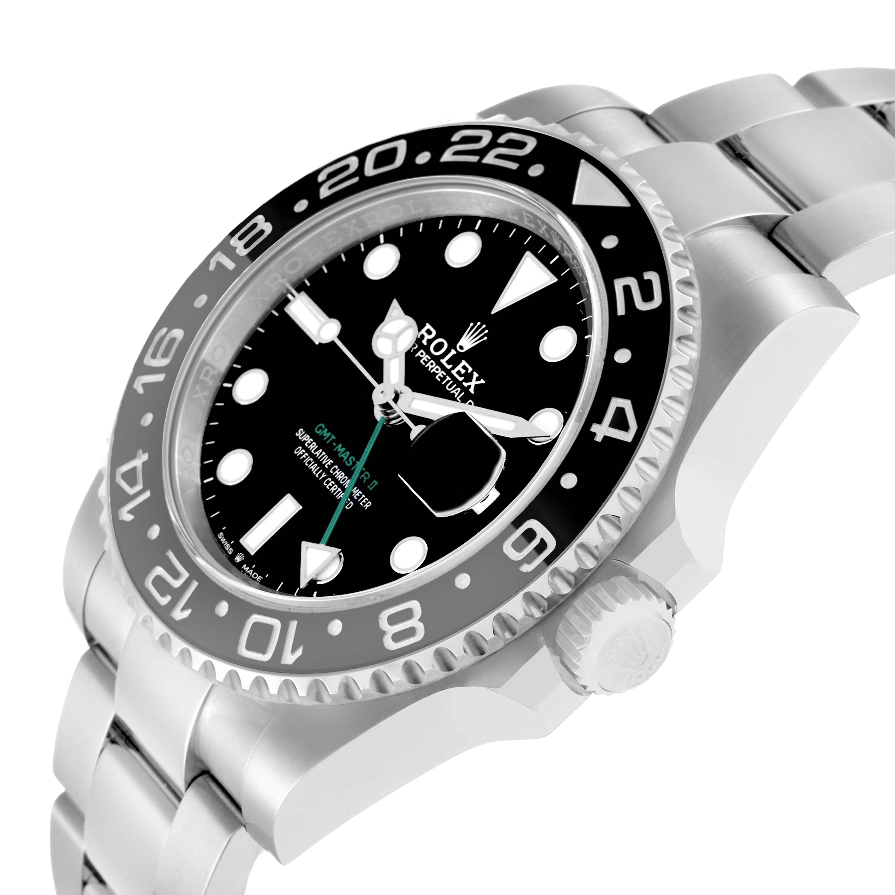 The Rolex GMT-Master 126710 Men
s Stainless Steel Black Dial watch is shown at an angled side view, highlighting the dial, bezel, crown, and part of the bracelet.