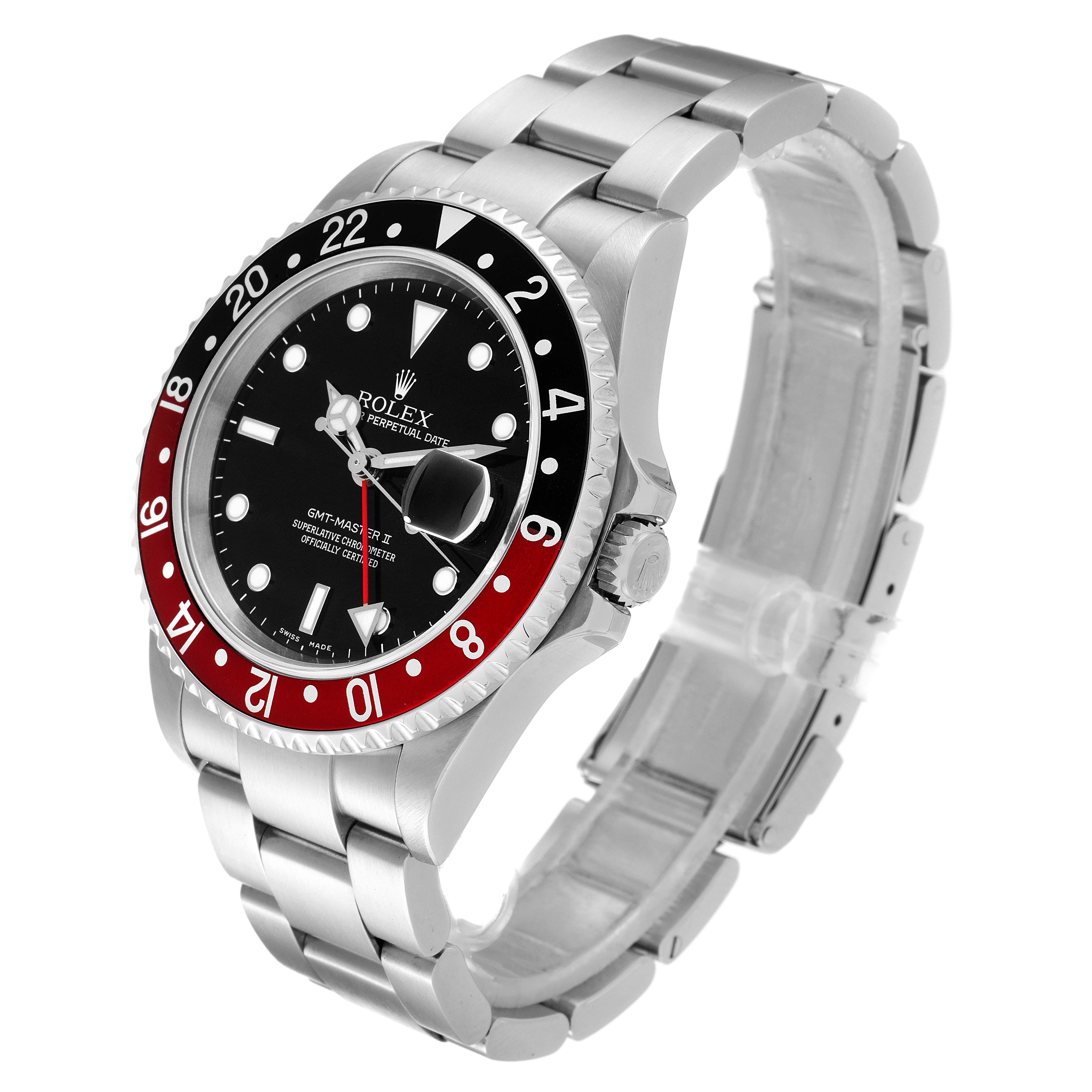 The Rolex GMT-Master 16710 Men's Stainless Steel Black Dial 16710 Men's Stainless Steel Black Dial watch is angled to show its face, bezel, and stainless steel bracelet.