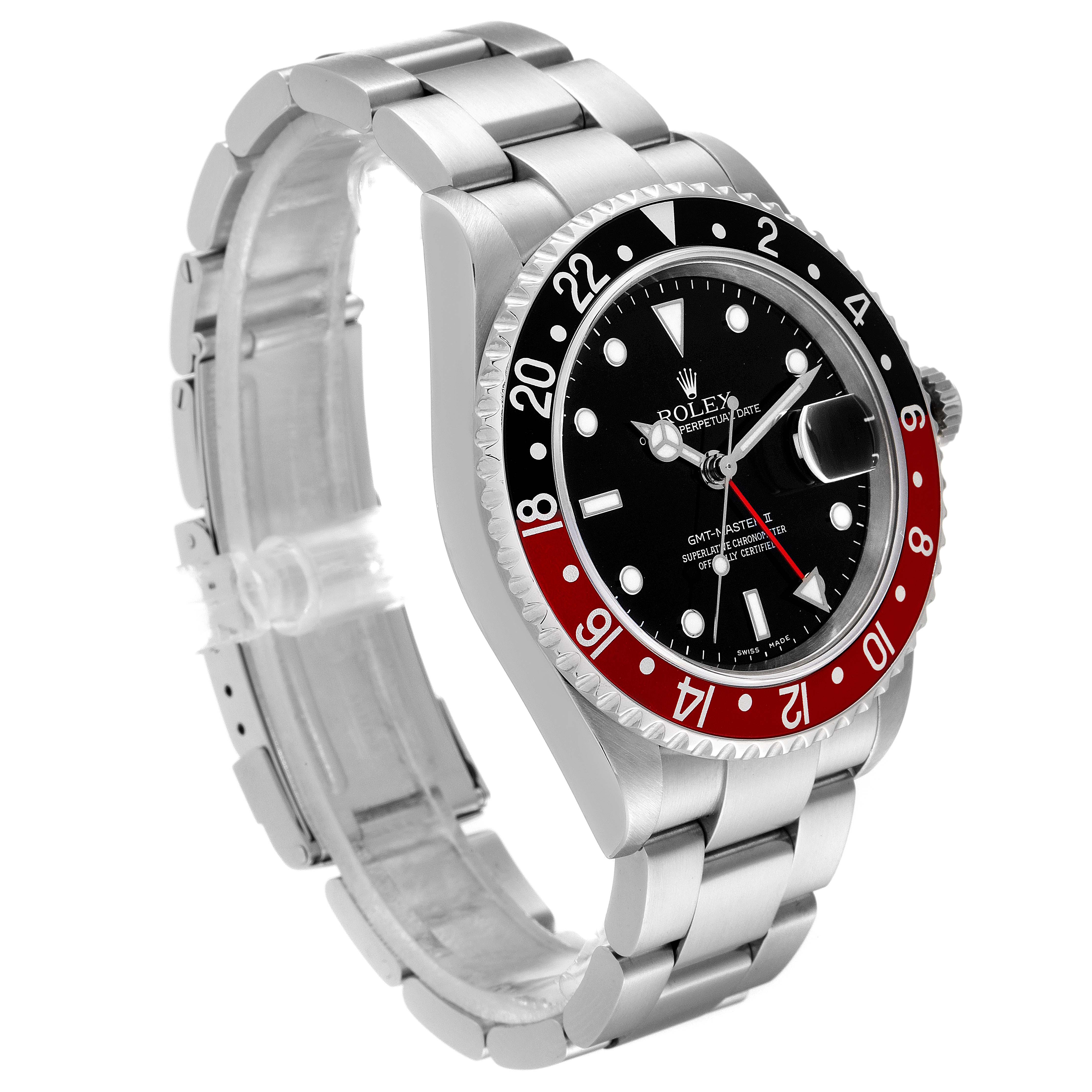 The image shows a side view of the stainless steel Rolex GMT-Master 16710 Men's Stainless Steel Black Dial 16710 Men's Stainless Steel Black Dial II, highlighting the bezel, dial, and bracelet.