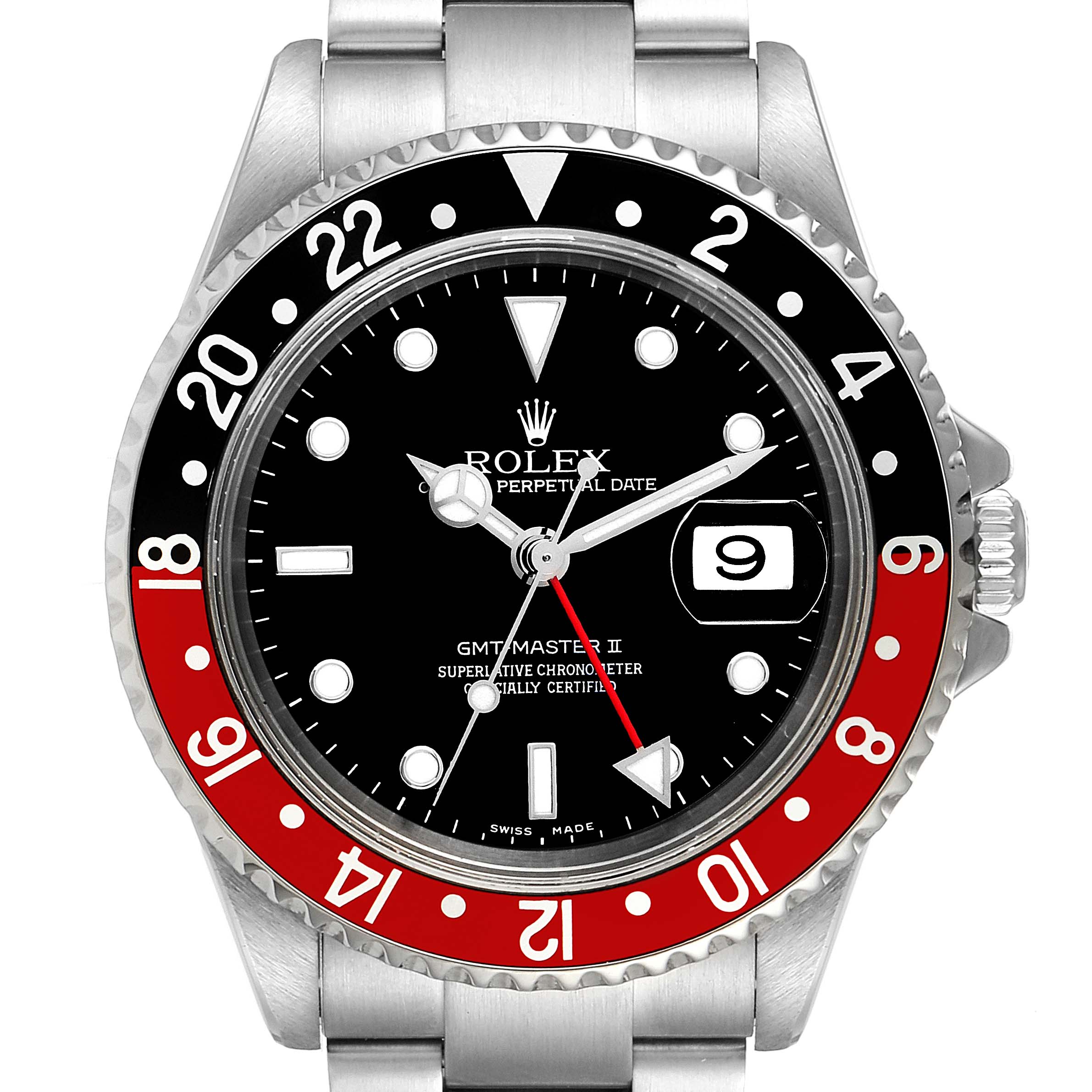This image shows a frontal view of the Rolex GMT-Master 16710 Men's Stainless Steel Black Dial 16710 Men's Stainless Steel Black Dial II watch, highlighting its bezel, dial, hands, and date window.