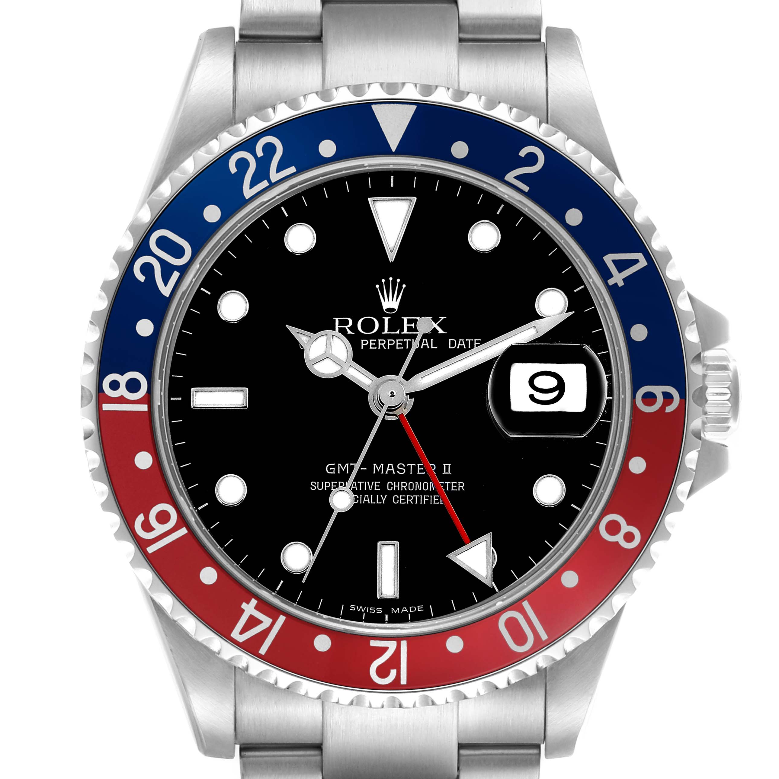 The Rolex GMT-Master 16710 Men
s Stainless Steel Black Dial model is shown from a front angle, highlighting the bezel, dial, hands, and bracelet.