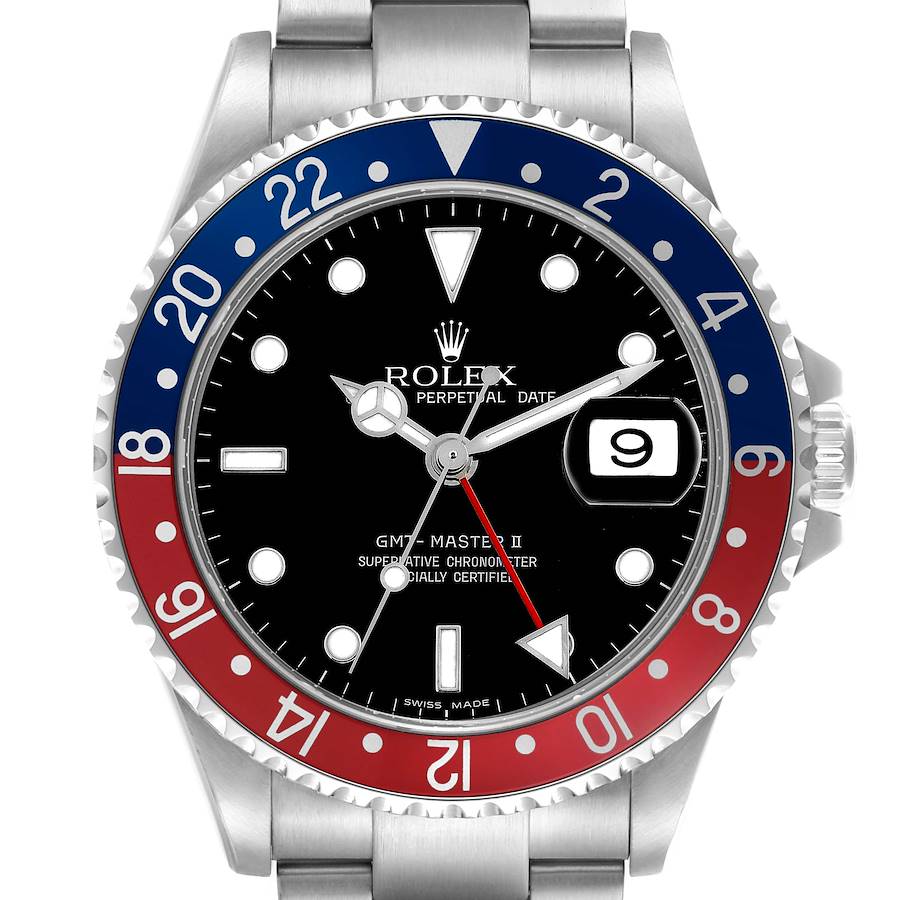 The Rolex GMT-Master 16710 Men's Stainless Steel Black Dial model is shown from a front angle, highlighting the bezel, dial, hands, and bracelet.