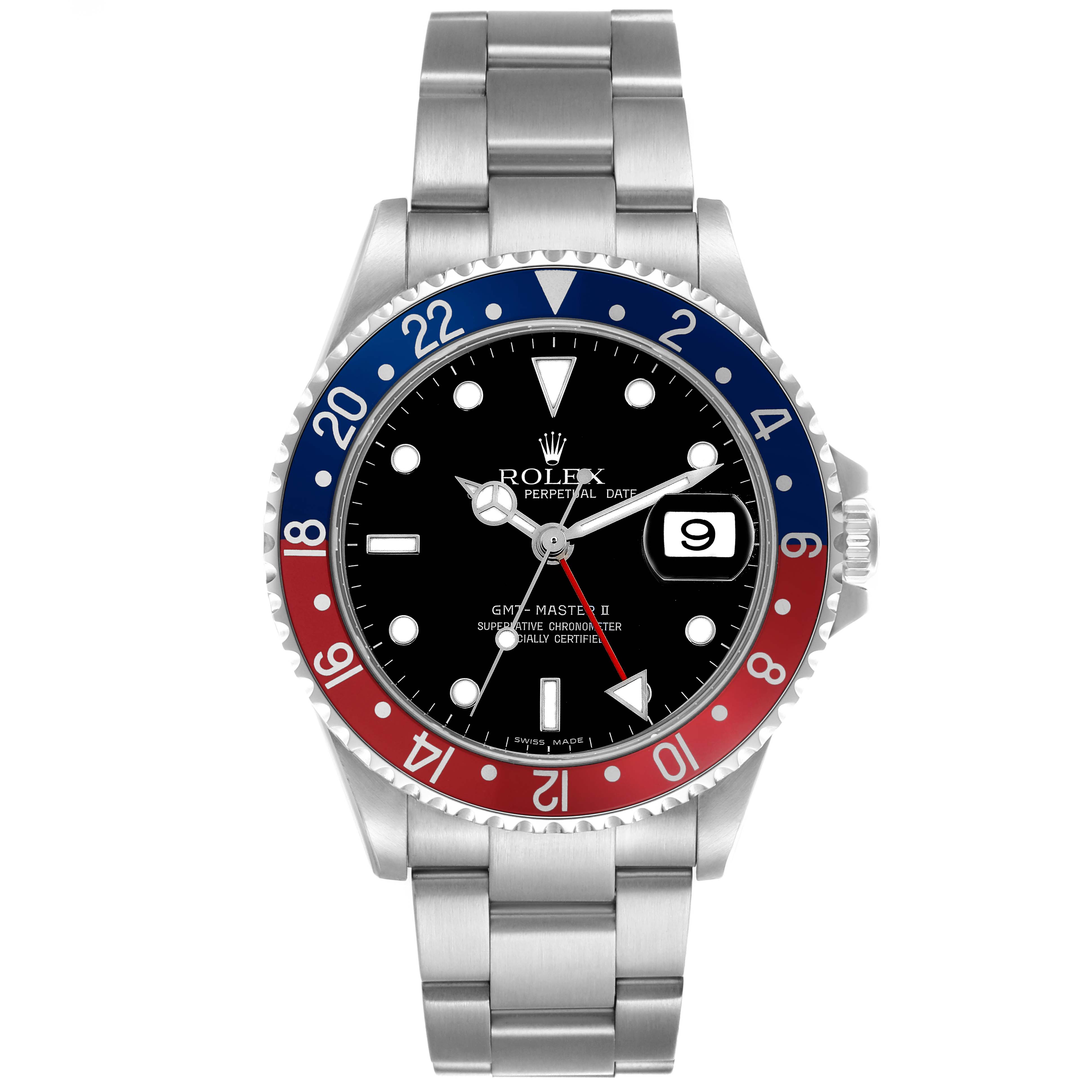 The image shows a front view of the Rolex GMT-Master 16710 Men
s Stainless Steel Black Dial with a stainless steel strap and a black dial featuring a red and blue bezel.