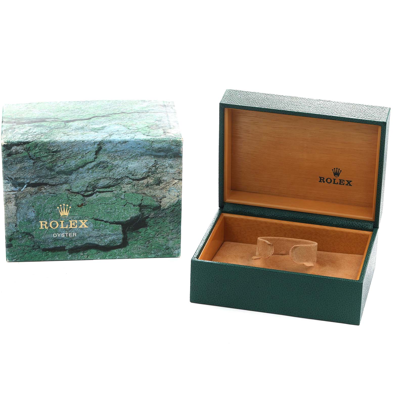 The image shows the packaging for a Rolex GMT-Master 16710 Men
s Stainless Steel Black Dial, including a green textured outer box and an open green and tan watch case.