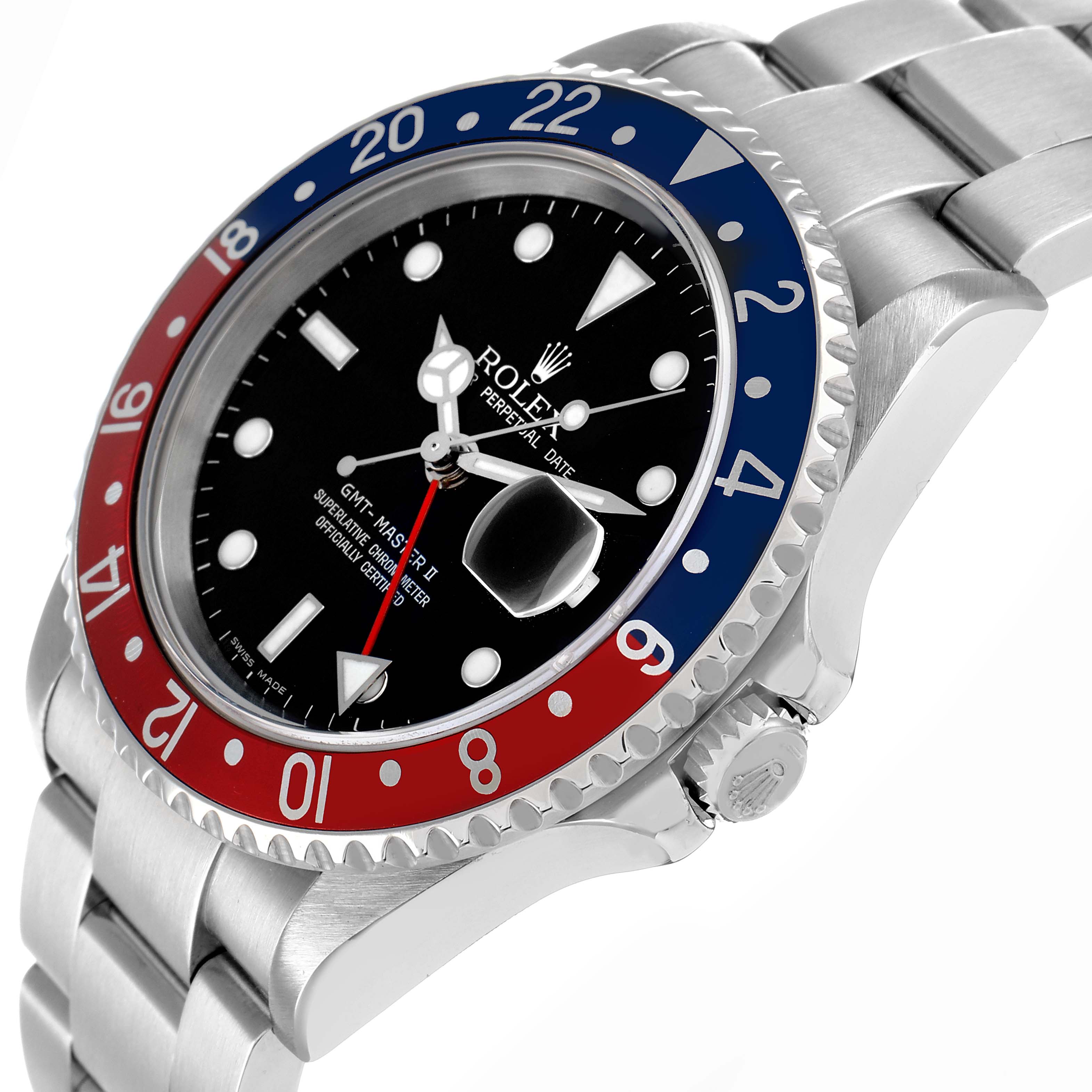 The Rolex GMT-Master 16710 Men
s Stainless Steel Black Dial watch is shown at a three-quarter angle, displaying the bezel, dial, crown, and part of the bracelet.