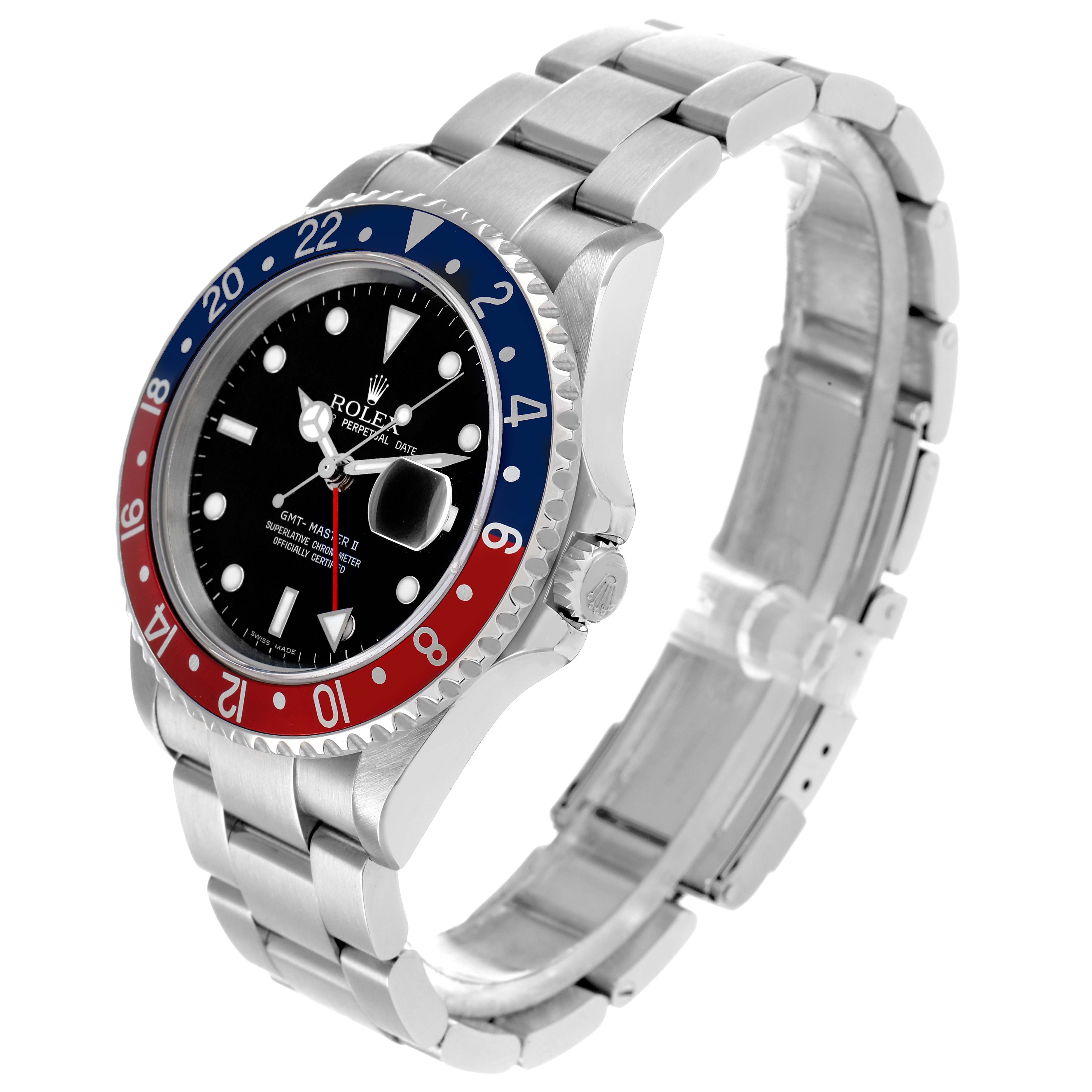 The Rolex GMT-Master 16710 Men
s Stainless Steel Black Dial watch is shown at a three-quarter angle, displaying the bezel, dial, crown, and bracelet.
