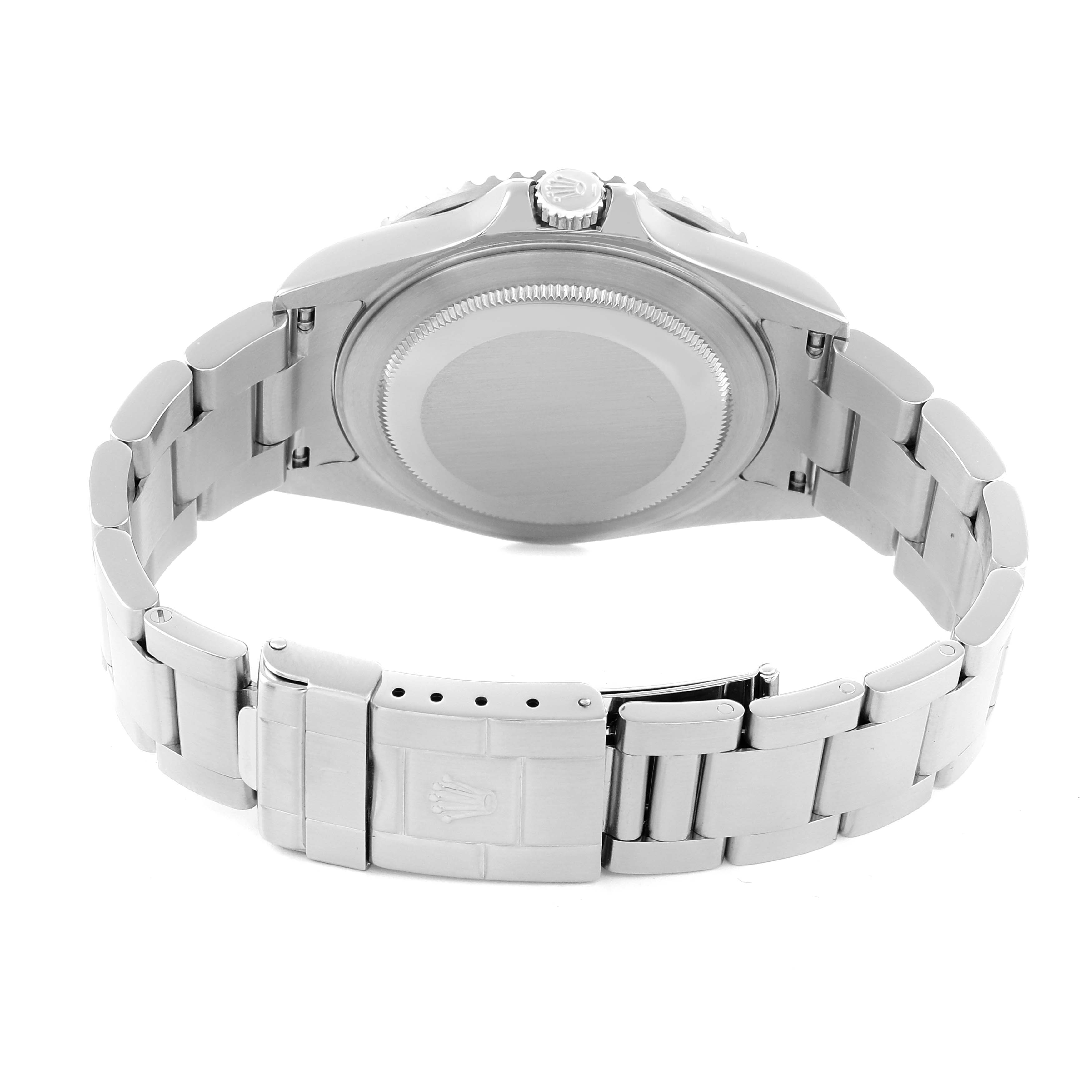 The image shows the back view of a Rolex GMT-Master 16710 Men
s Stainless Steel Black Dial watch, featuring the case back, crown, and bracelet with clasp.