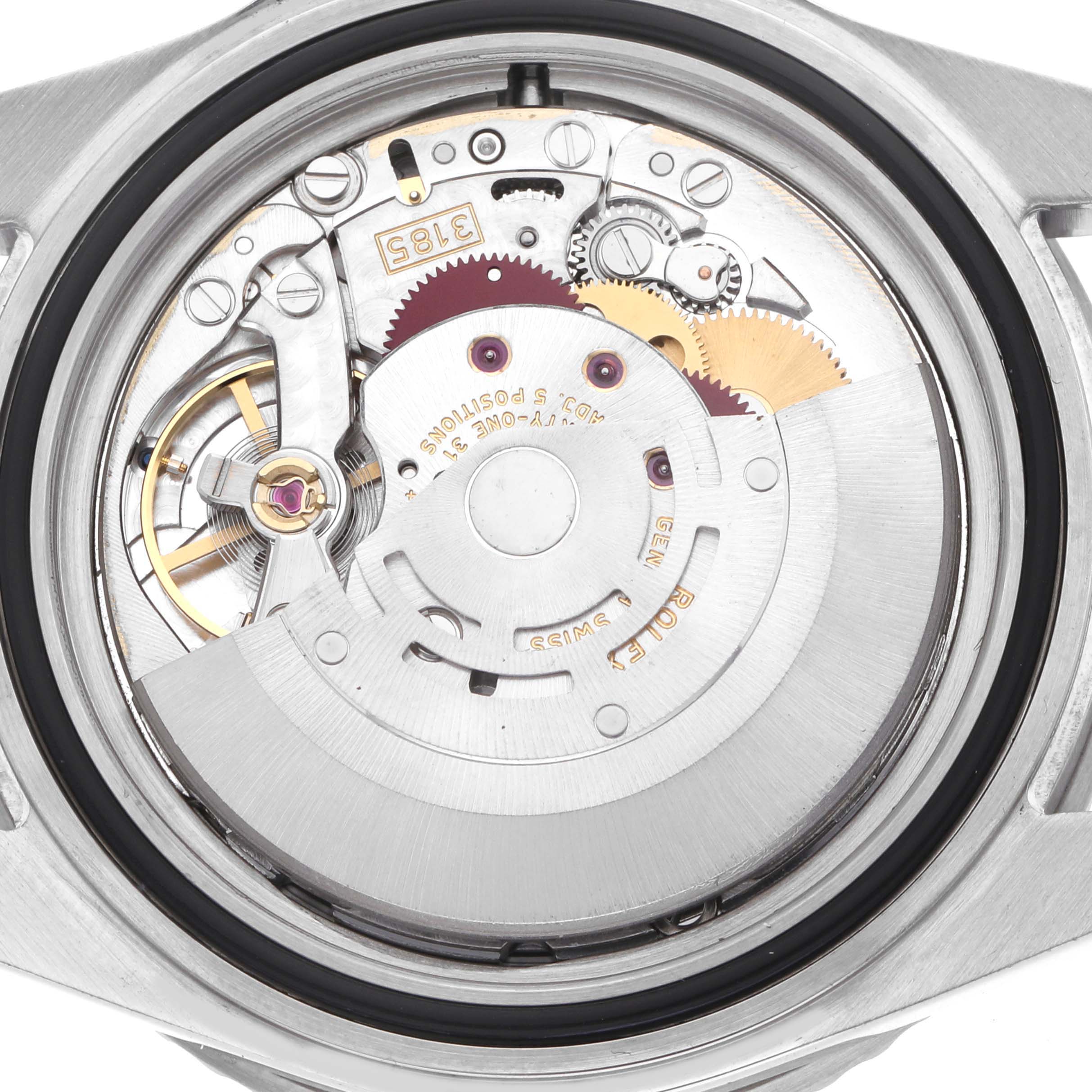 The image shows the movement mechanism of a Rolex GMT-Master 16710 Men
s Stainless Steel Black Dial, viewed from the back.