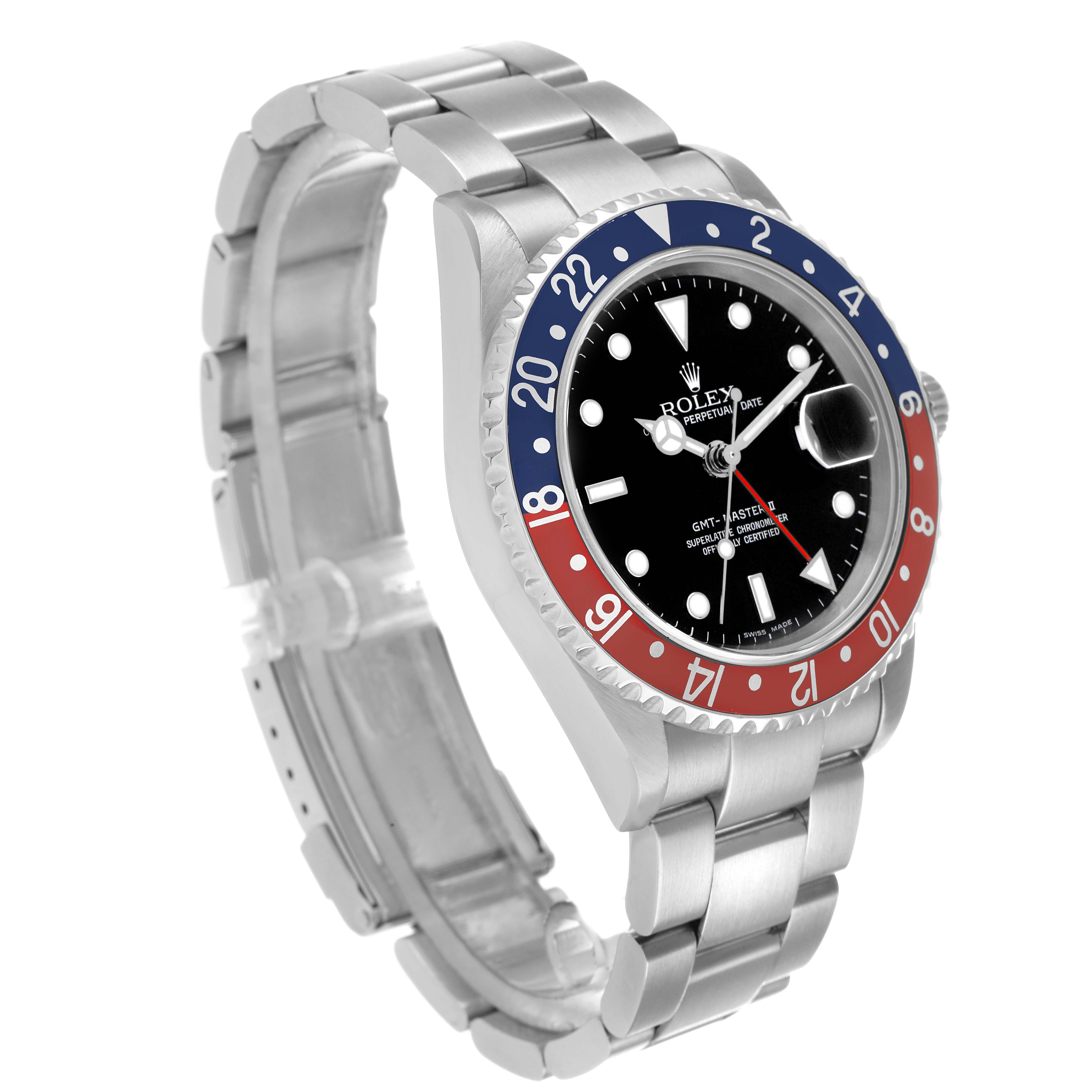 The Rolex GMT-Master 16710 Men
s Stainless Steel Black Dial watch is shown at a three-quarter angle, highlighting the bezel, dial, and bracelet.
